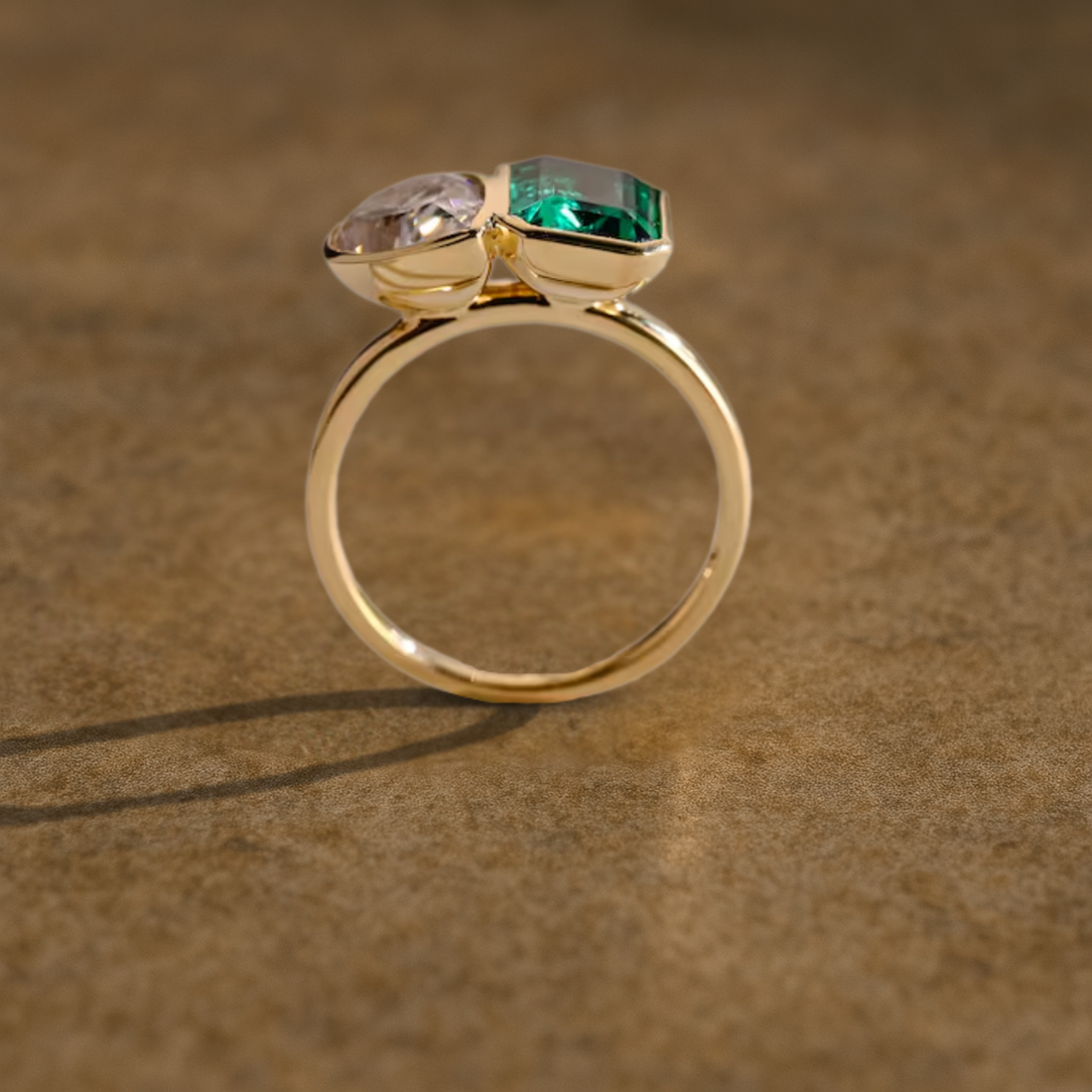 Solid Gold Toi et Moi Ring, Bezel Set Lab Grown Pear & Emerald Engagement Ring
