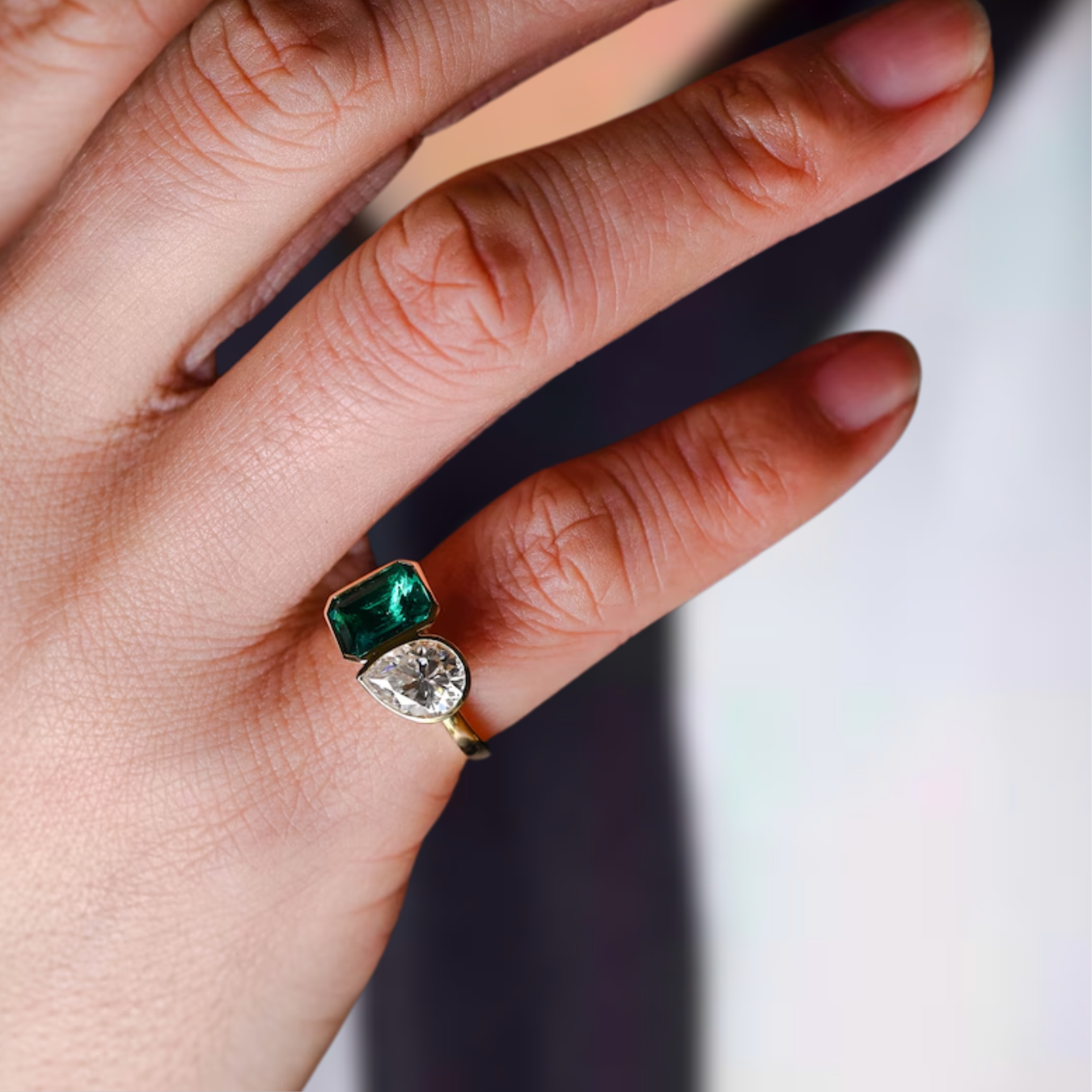 14K Solid Gold Toi et Moi Ring, Bezel Set Lab Grown Pear & Emerald Engagement Ring