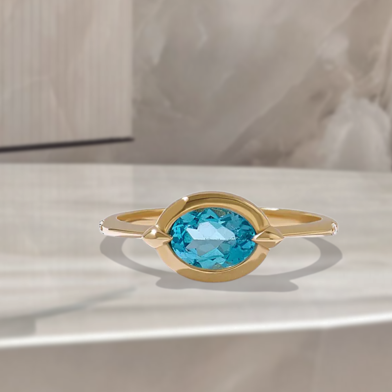14k Solid Gold Bezel Topaz Ring, Chunky Blue Topaz Anniversary Ring, Oval Solitaire Ring Women
