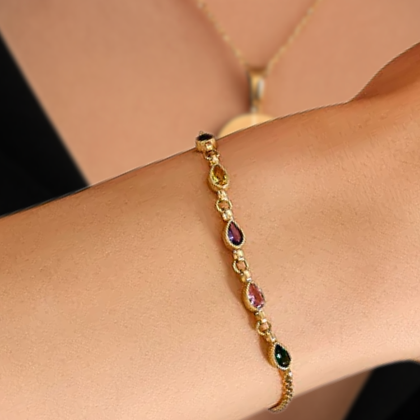 14K Gold Pear Cut Gemstone Bracelet, Pear Cut Multi Birthstone Bracelet.