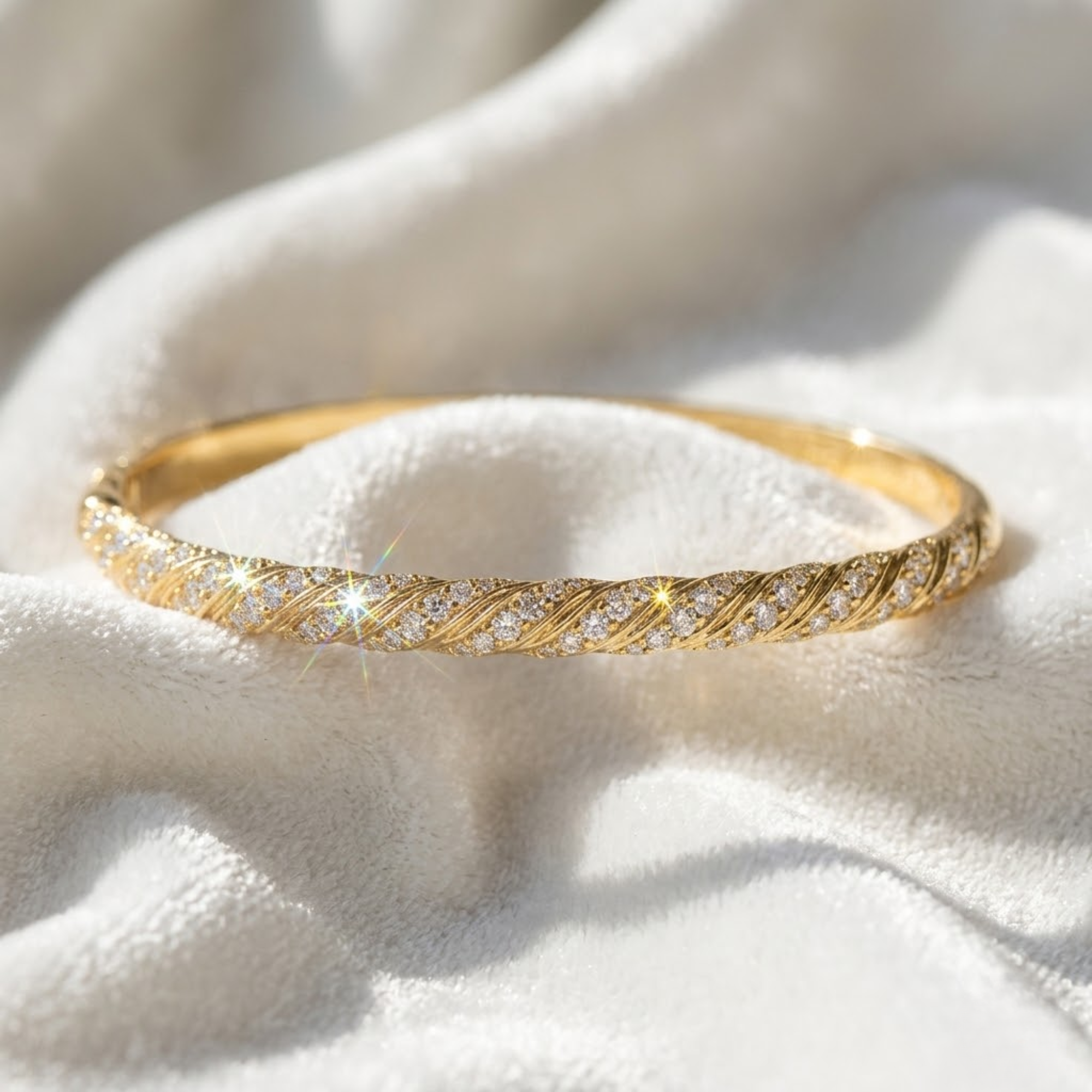 14K Gold Dainty Cable Bangle, Lab Grown Diamond Twisted Bangle