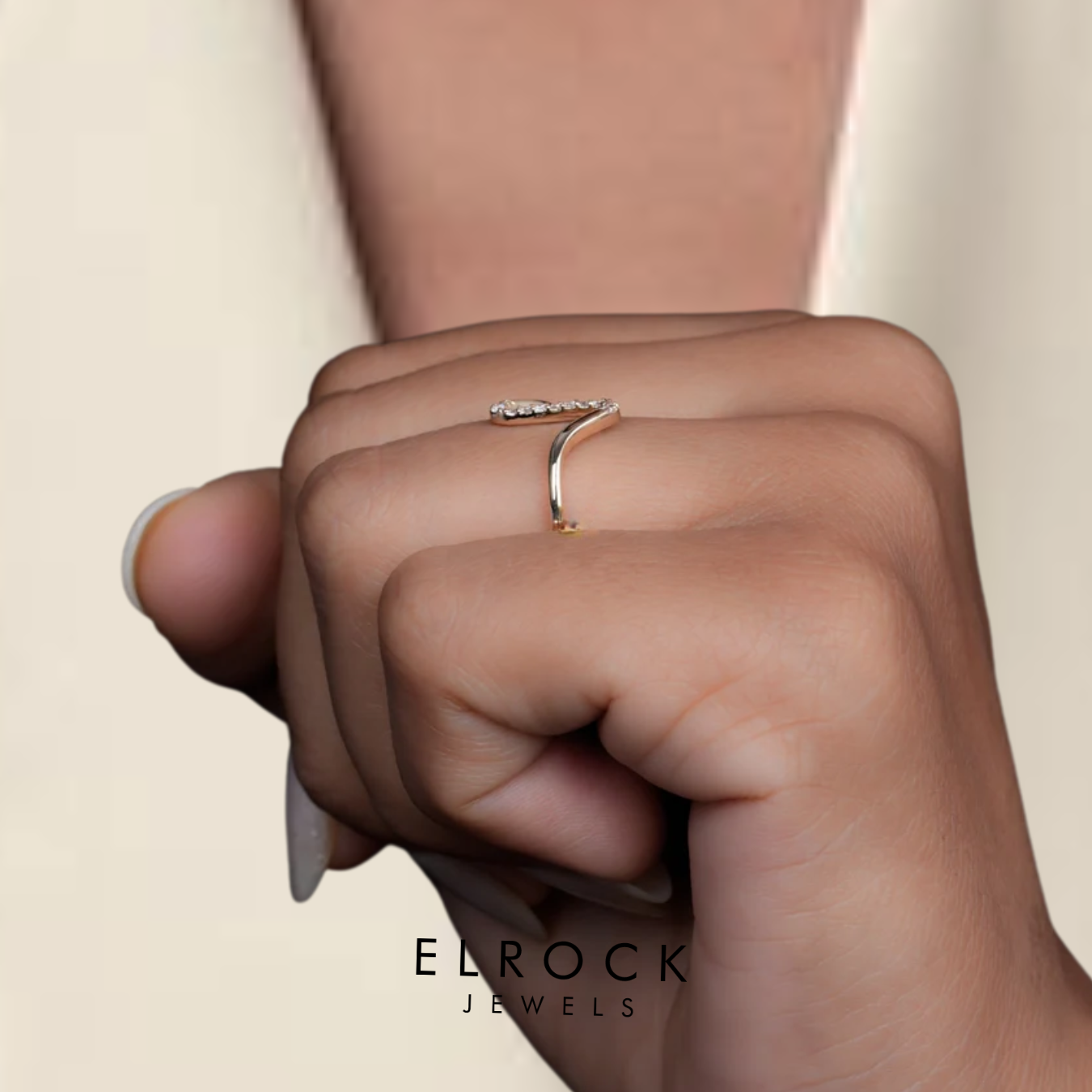Diamond Wave Ring, Dainty Curved Stacking Band