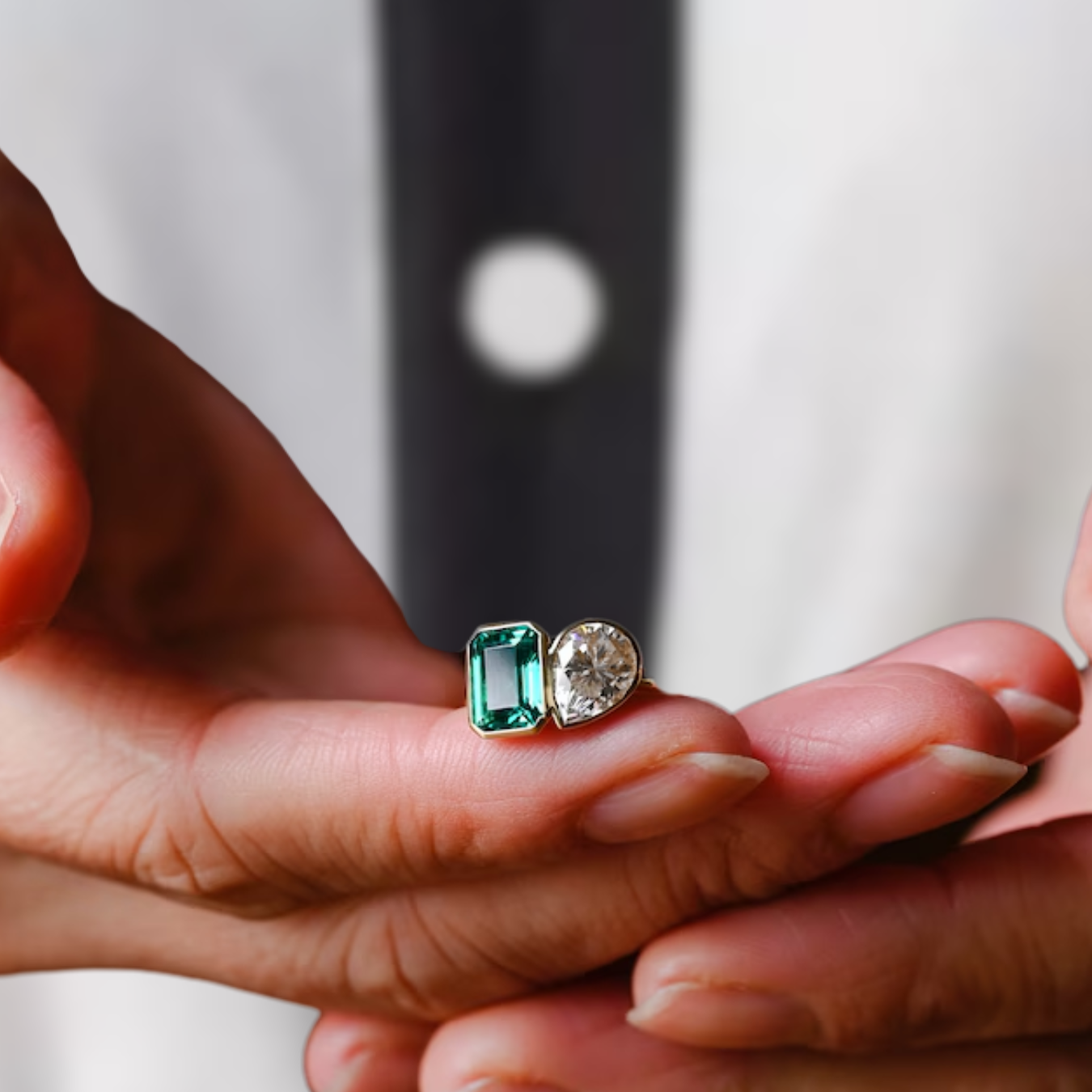 14K Solid Gold Toi et Moi Ring, Bezel Set Lab Grown Pear & Emerald Engagement Ring