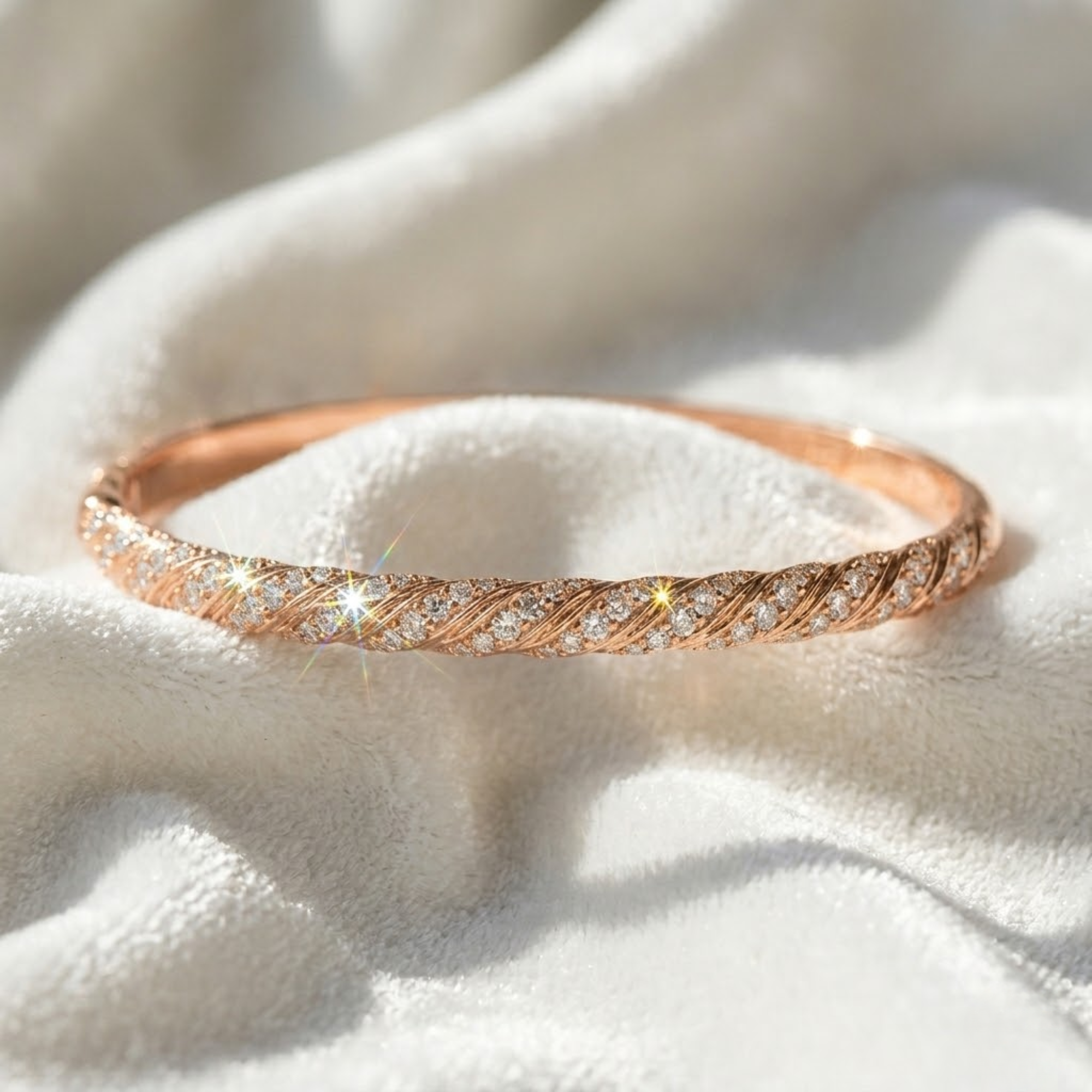 14K Gold Dainty Cable Bangle, Lab Grown Diamond Twisted Bangle