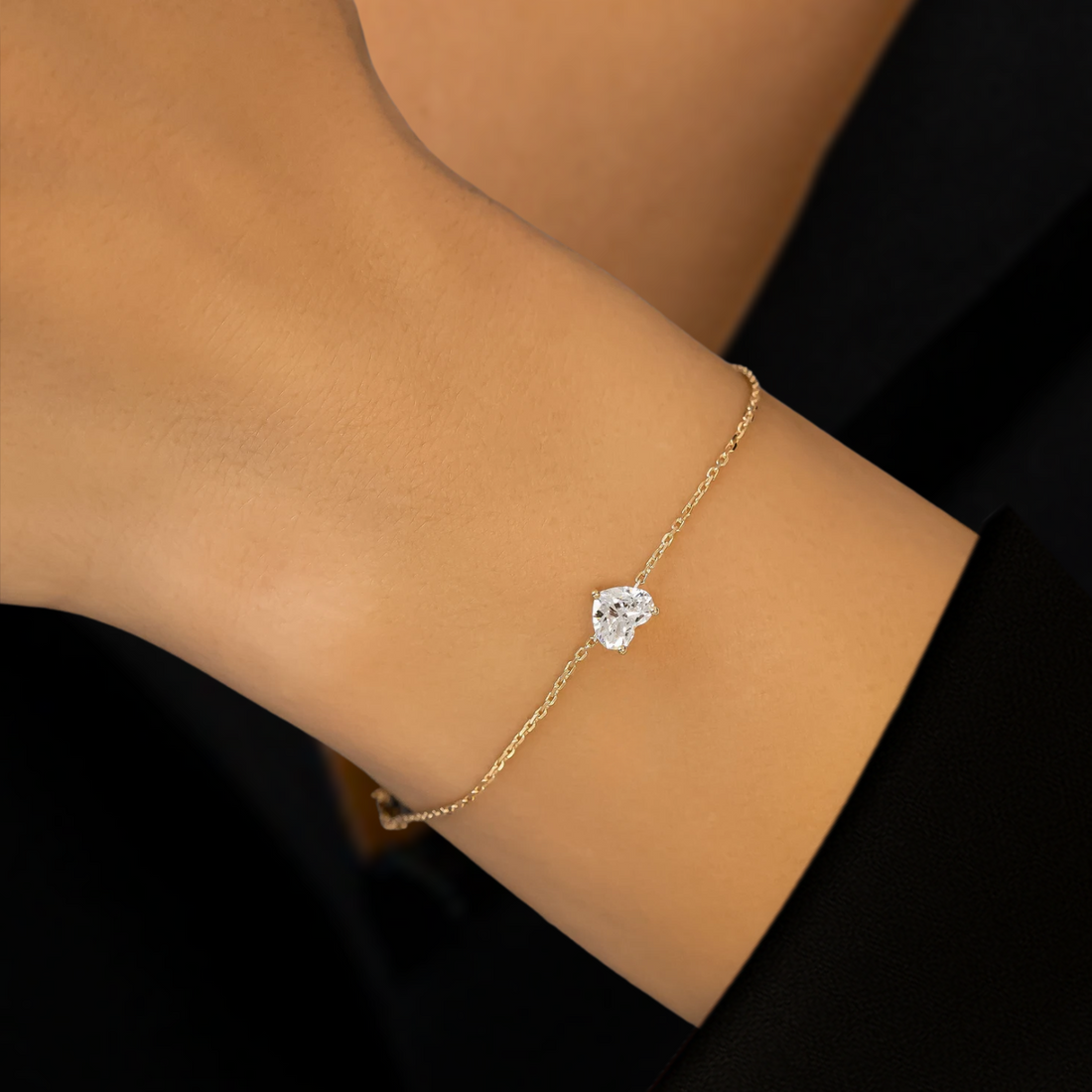 14K Diamond Bracelet, Heart Solitaire, Adjustable Drawstring Chain, 14k Yellow, White, Rose Solid Gold, valentine Gift, Gift For Her