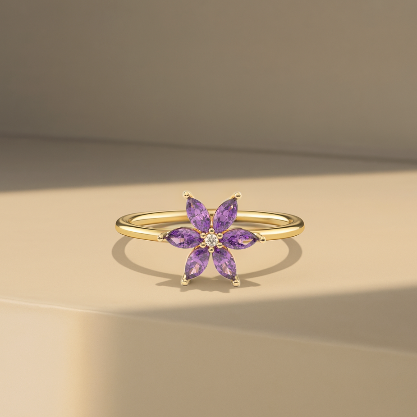 14K Gold Amethyst Flower Minimalist Ring | February Birthstone Ring