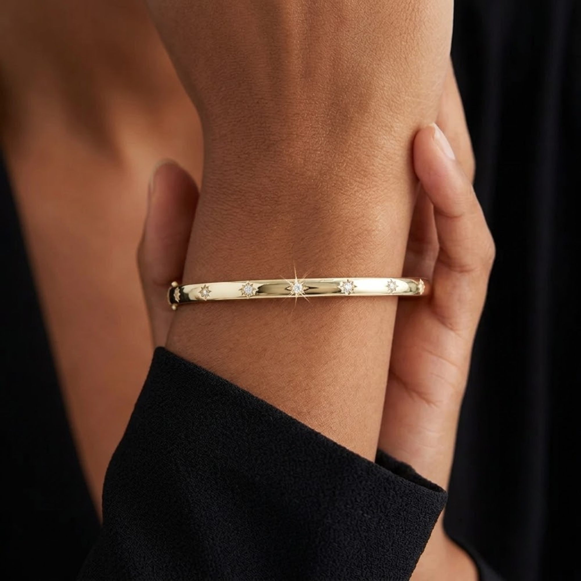 14K Gold Starburst Bracelet, Real Gold Dome Diamond Bracelet Bangle
