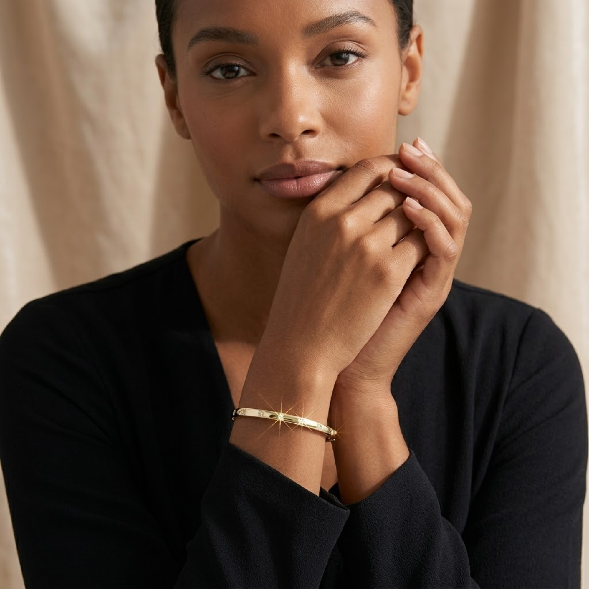 14K Gold Starburst Bracelet, Real Gold Dome Diamond Bracelet Bangle