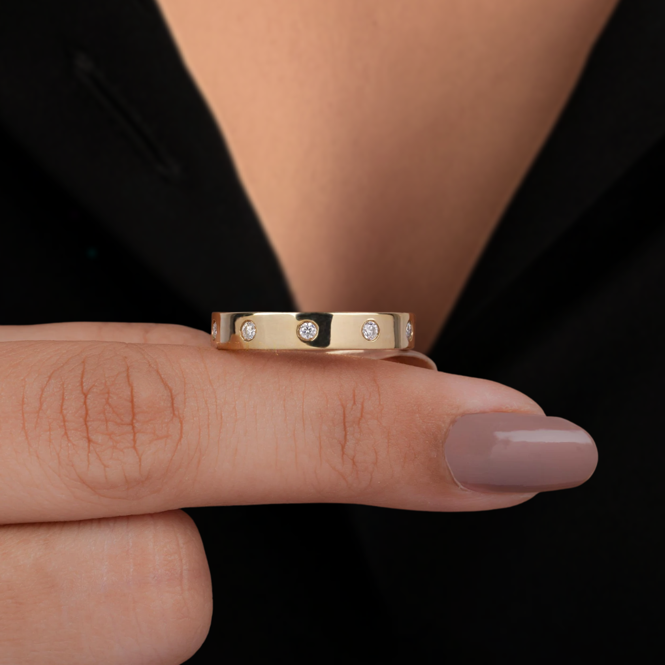 14k Solid Gold Flush Set Dainty Diamond Wedding Ring For Her