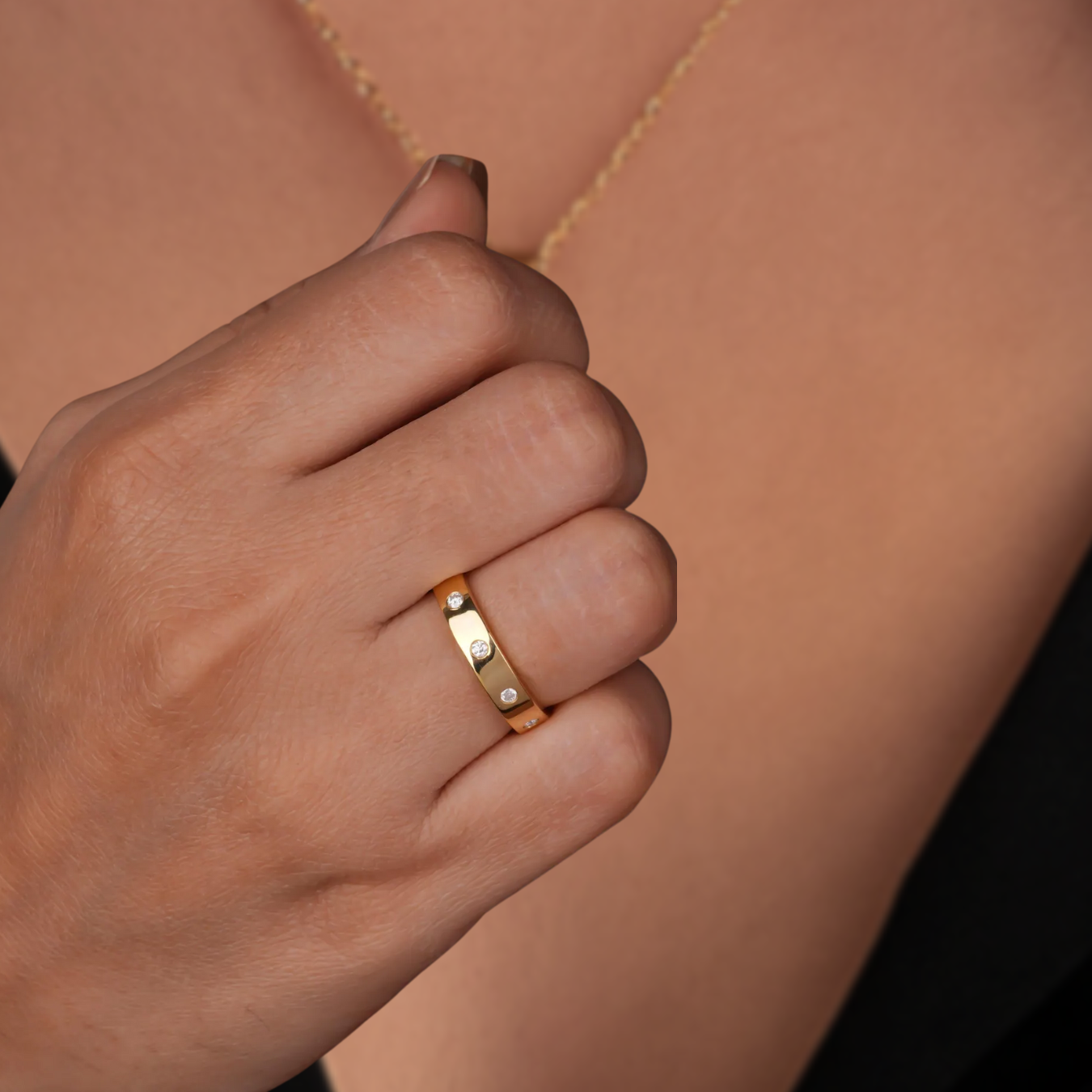 14k Solid Gold Flush Set Dainty Diamond Wedding Ring For Her