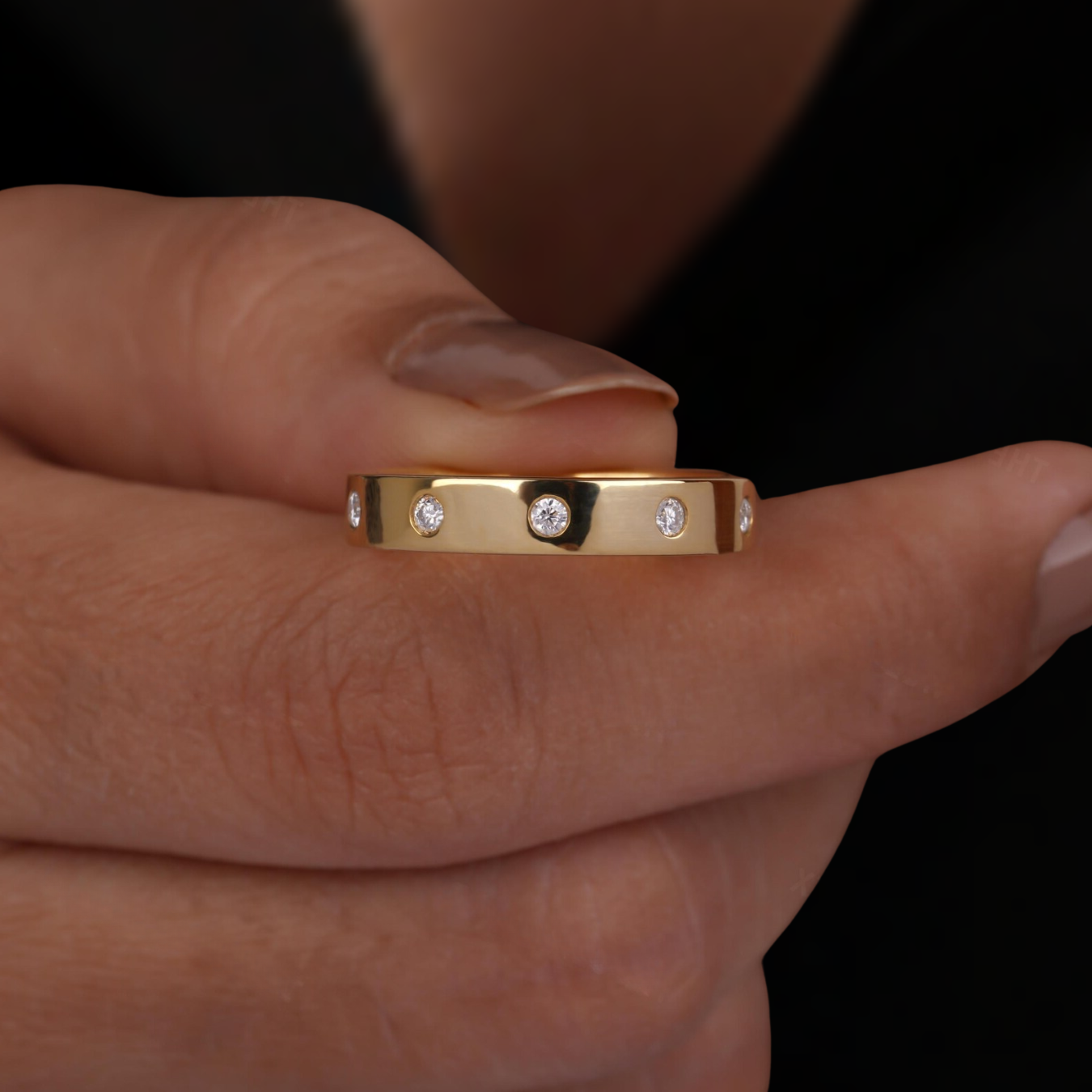 14k Solid Gold Flush Set Dainty Diamond Wedding Ring For Her