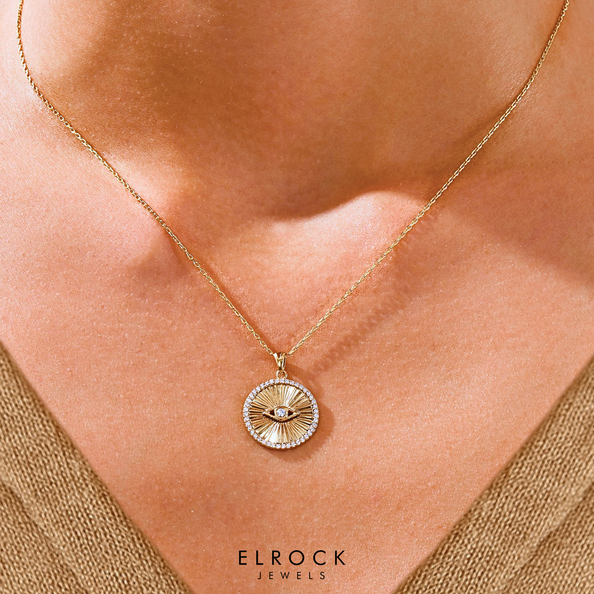 14K Solid Gold Diamond Evil Eye Pendant Necklace