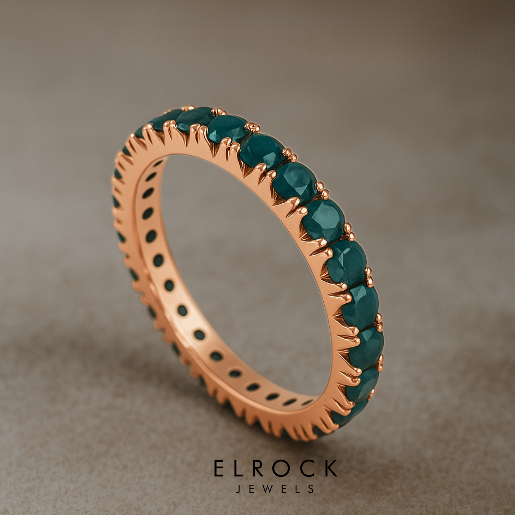 14K Teal Sapphire Ring, Blue Sapphire Full Eternity Band.