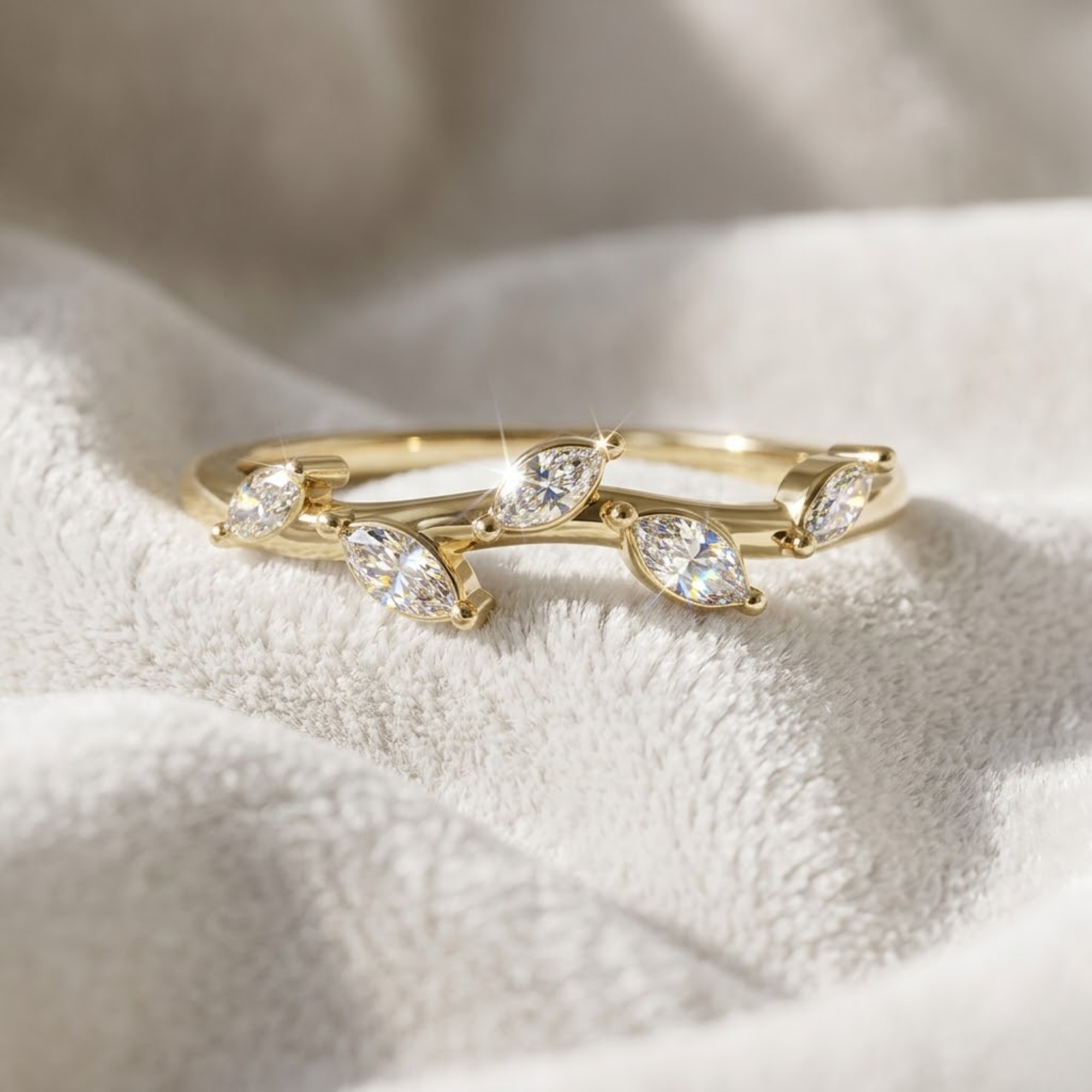 14K Gold Marquies Cut Lab Grown Diamond Leaf Wedding Ring