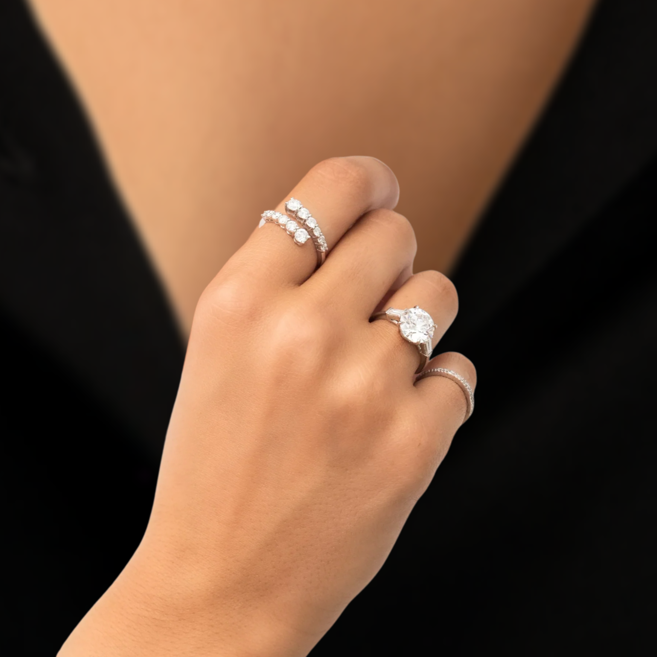 14K Gold Round Lab Grown Diamond Open Cuff Band