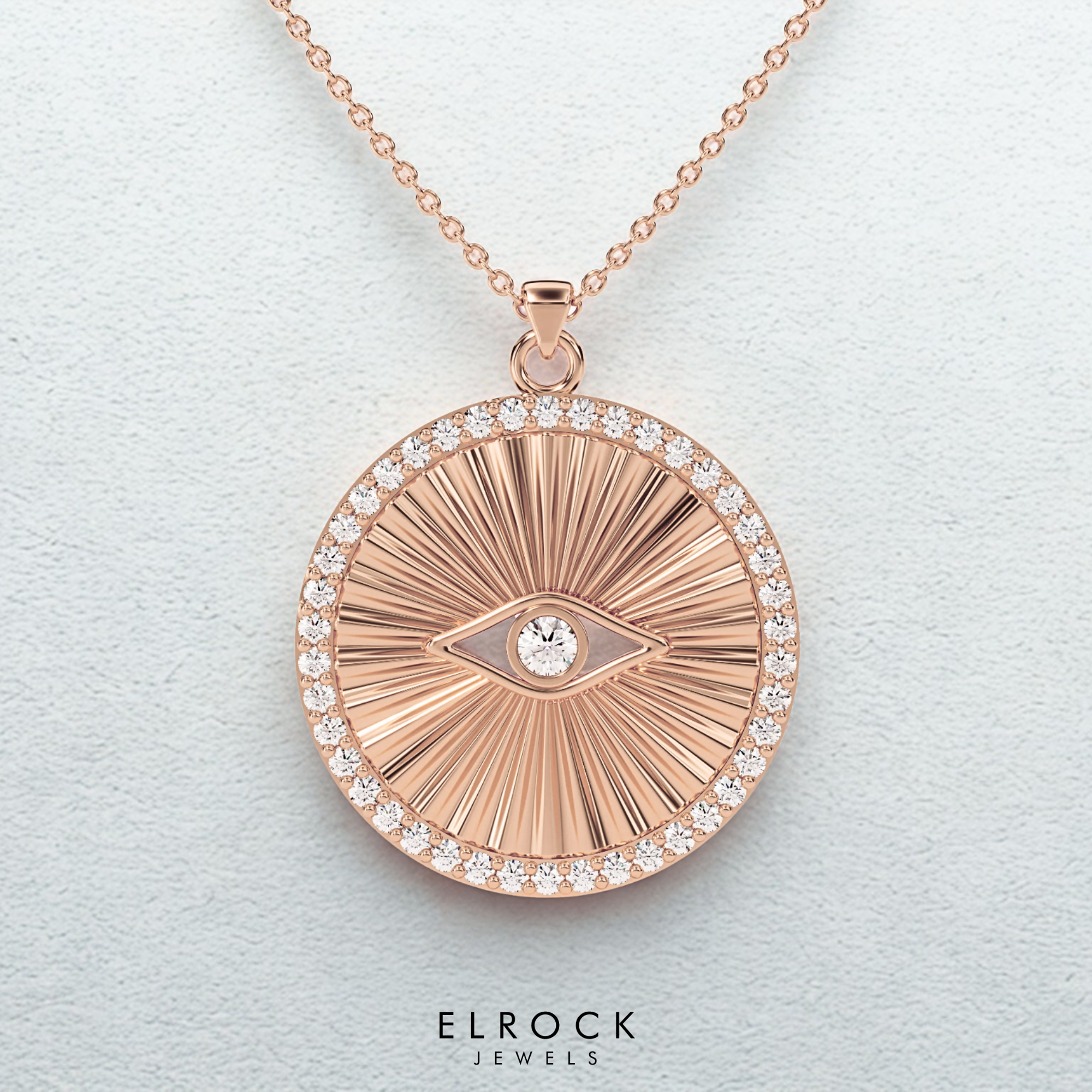 14K Solid Gold Diamond Evil Eye Pendant Necklace