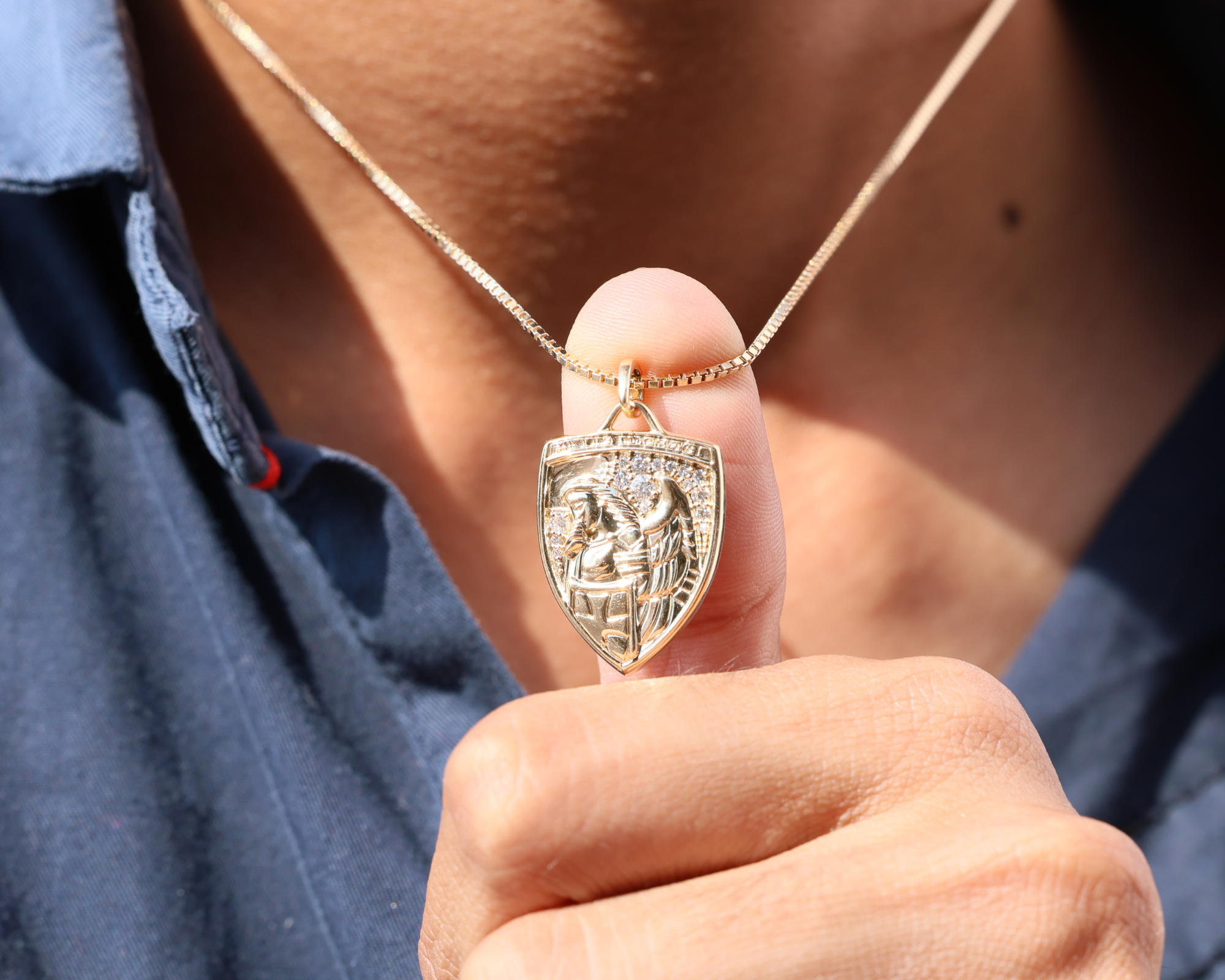 14K Gold St Michael Medallion Necklace with Lab Grown Diamonds