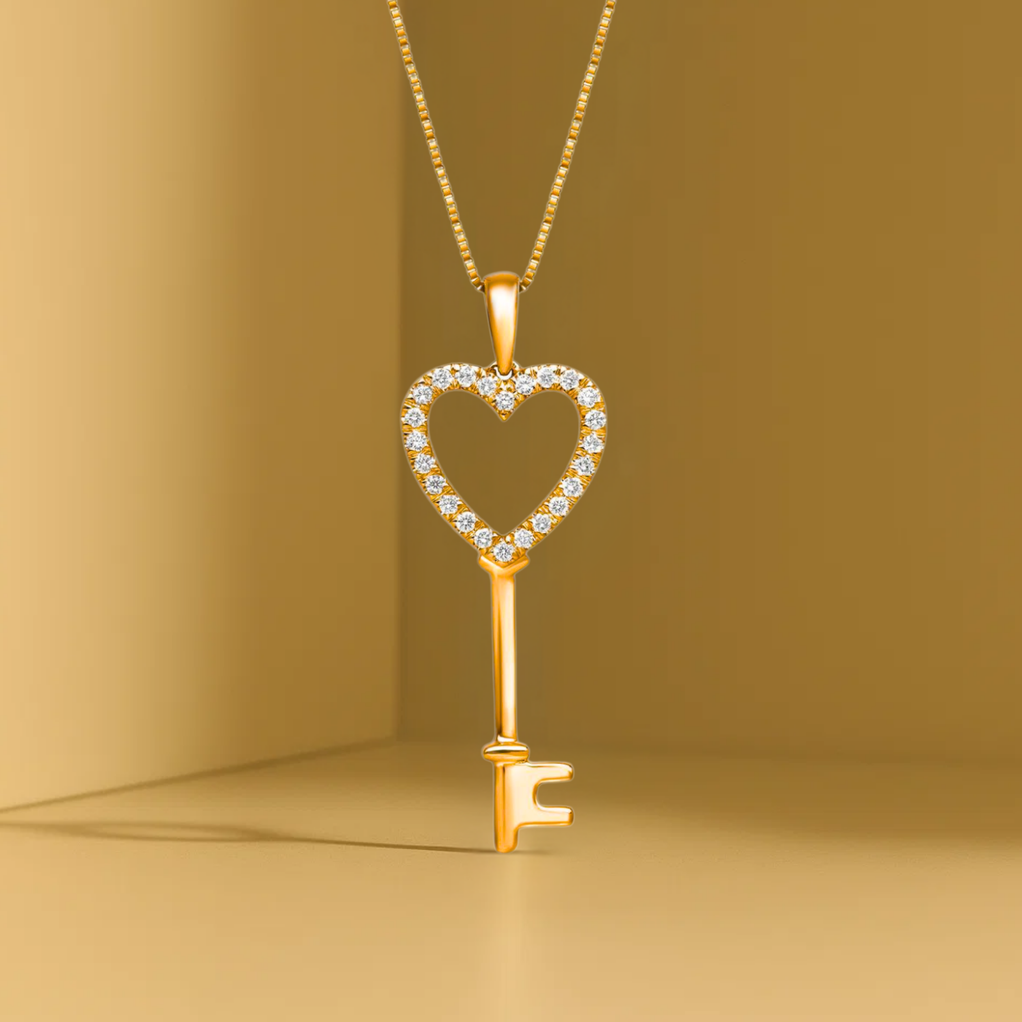 14K Gold Diamond Heart Key Pendant Necklace