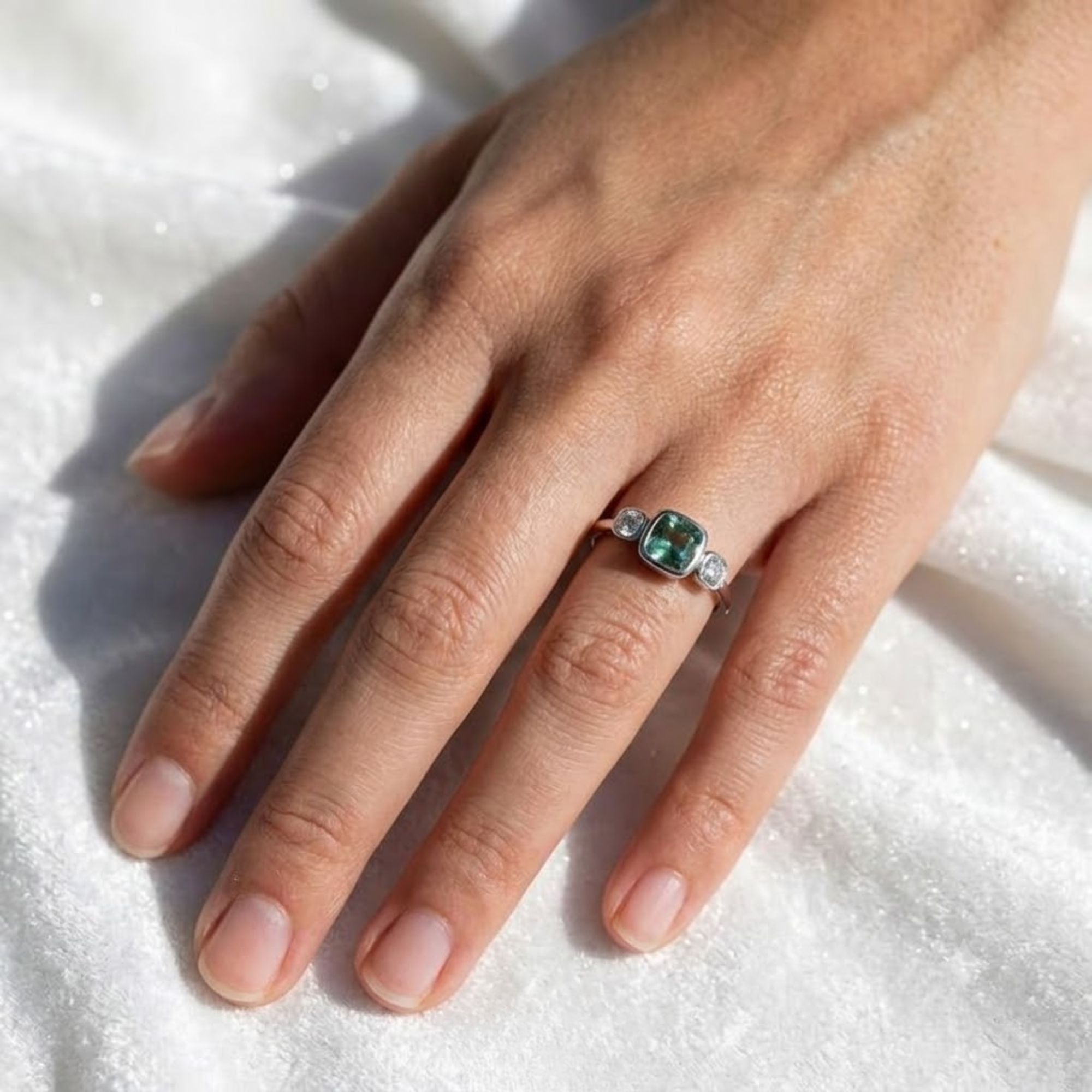 14K Solid Gold Green Sapphire Wedding Band