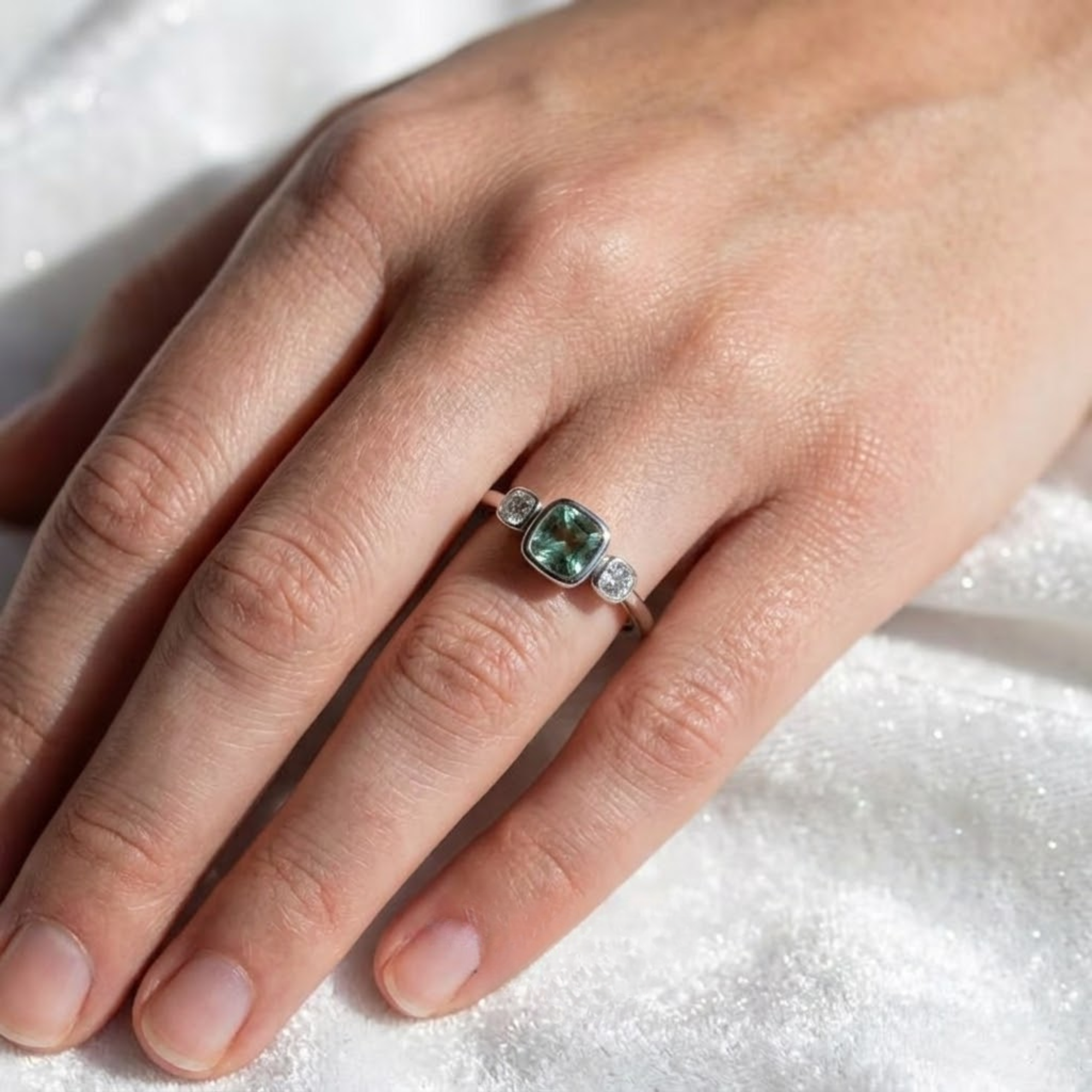 14K Solid Gold Green Sapphire Wedding Band