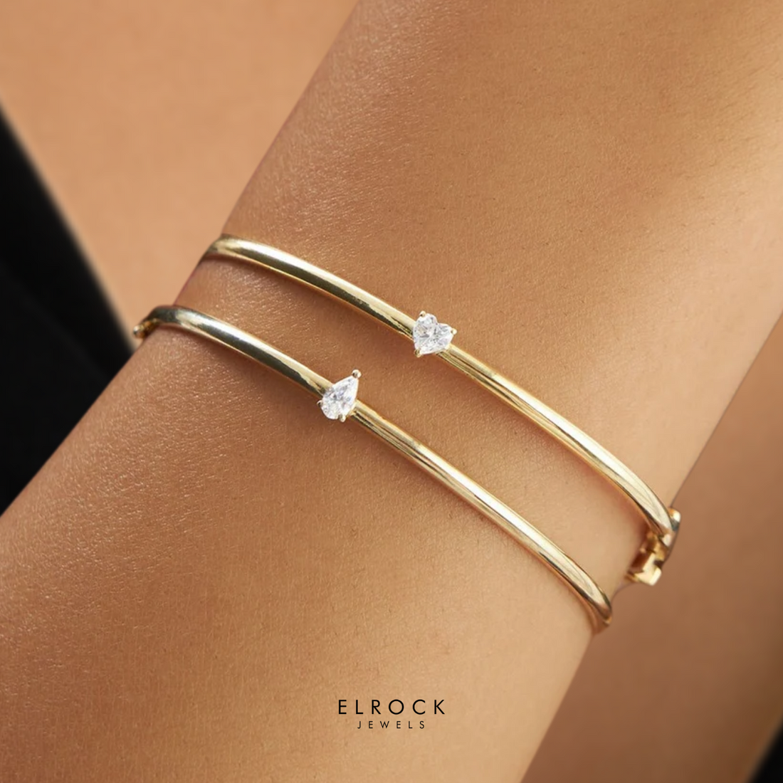 14K Gold Minimalist Bracelet, Pear Shape Solitaire Bangle, Diamond Bangle Bracelet