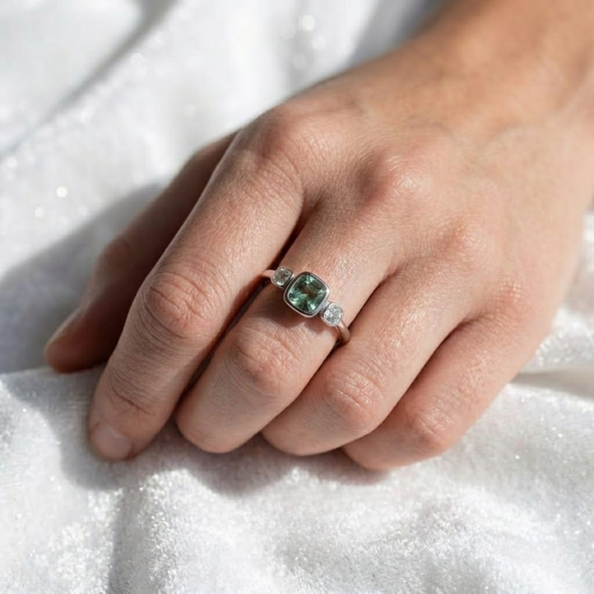 14K Solid Gold Green Sapphire Wedding Band