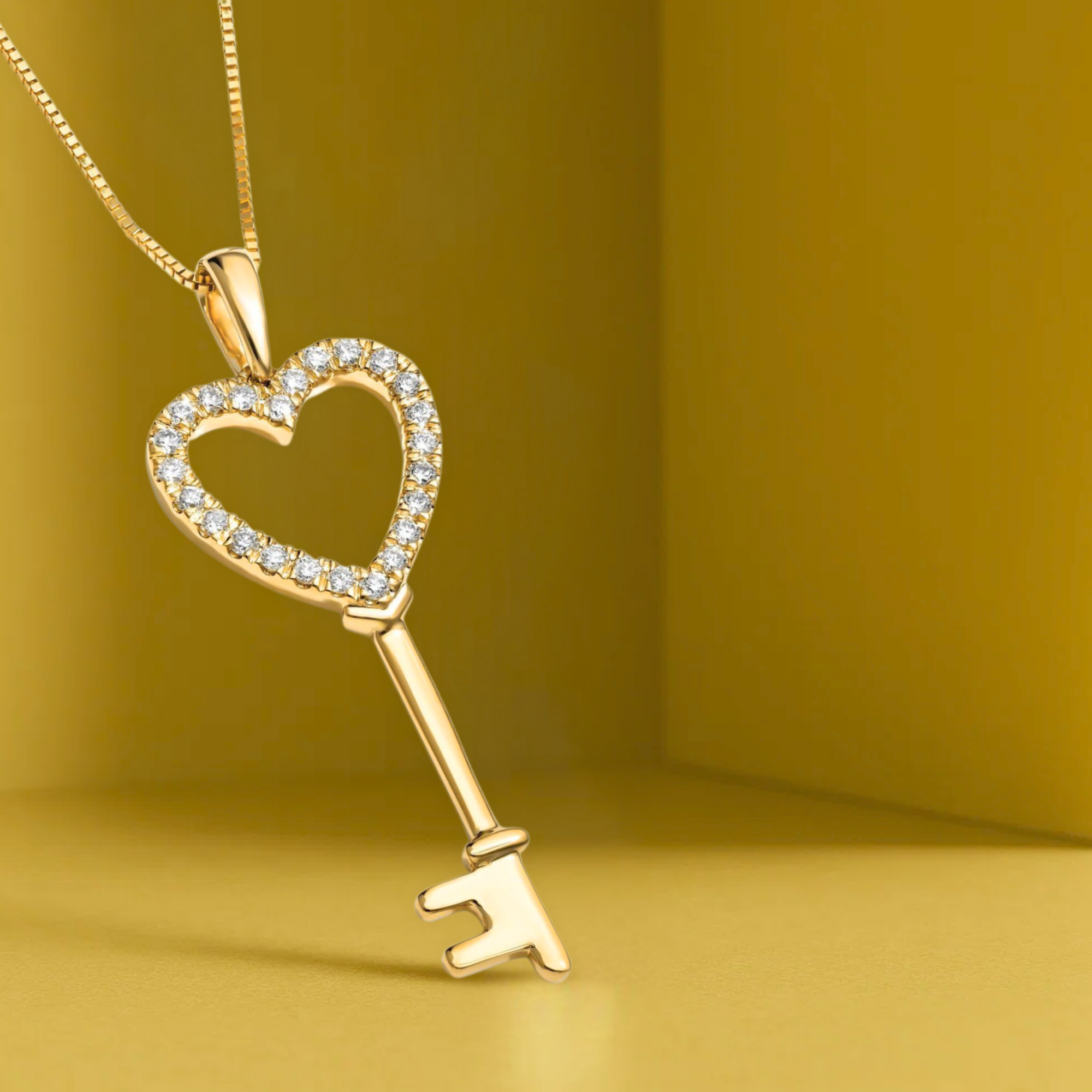 14K Gold Diamond Heart Key Pendant Necklace