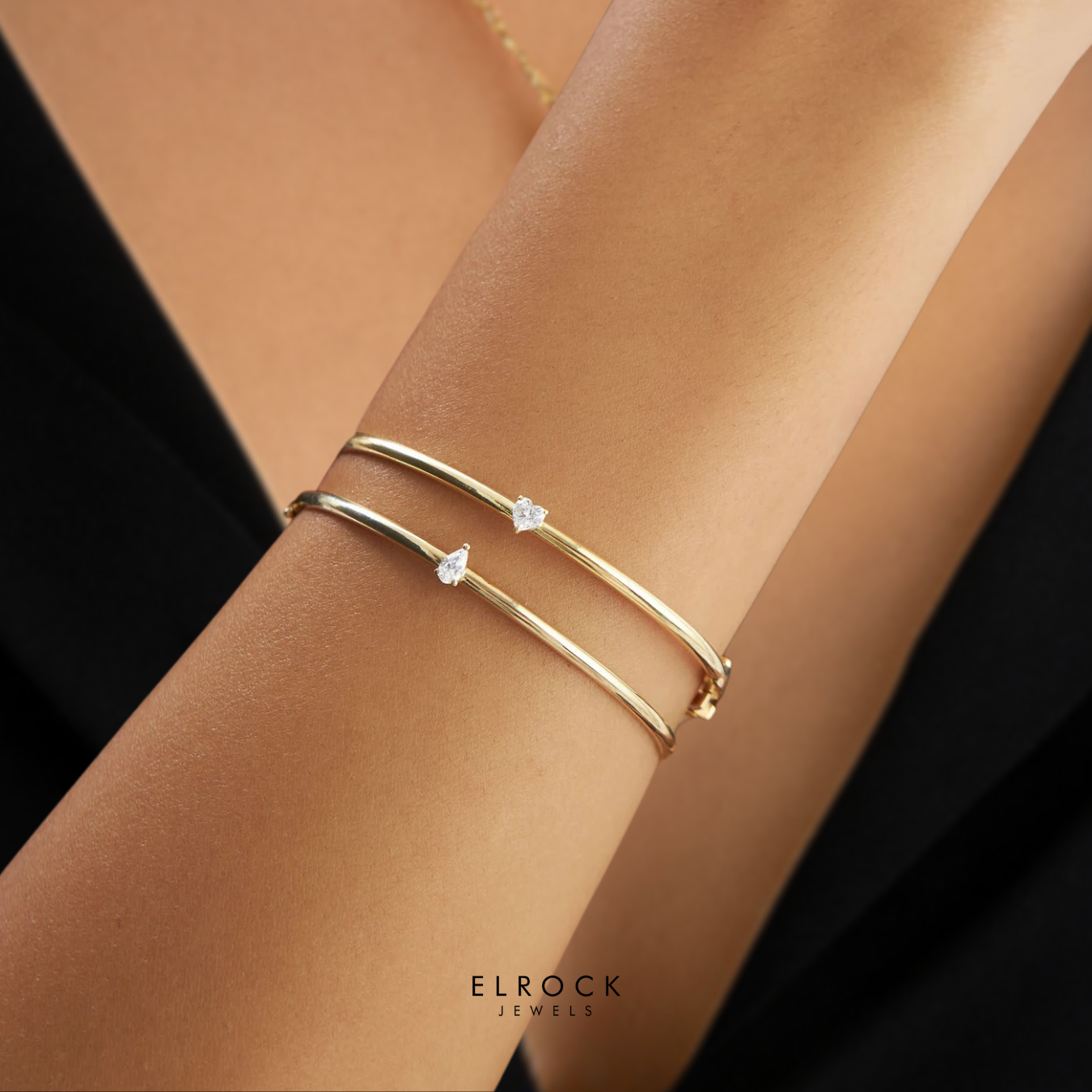14K Gold Minimalist Bracelet, Pear Shape Solitaire Bangle, Diamond Bangle Bracelet