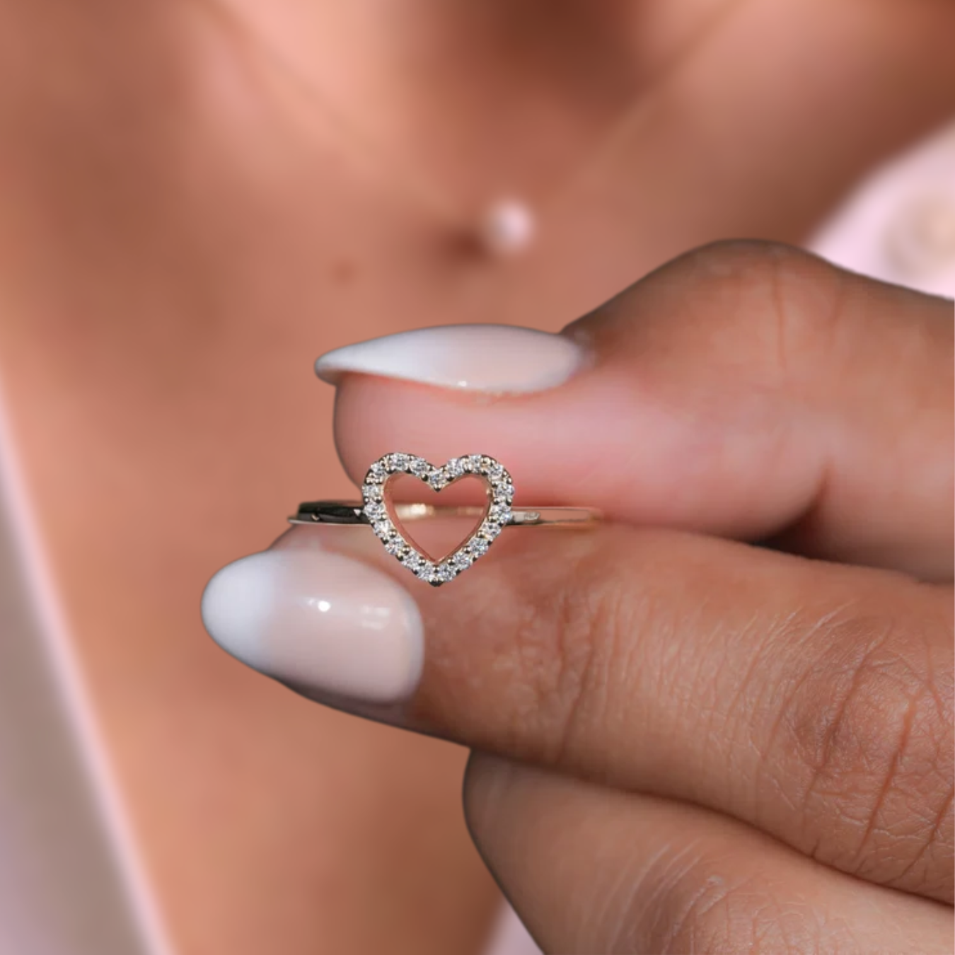 14K Tiny Diamond Love, Pave Lab Diamond Open Heart Ring