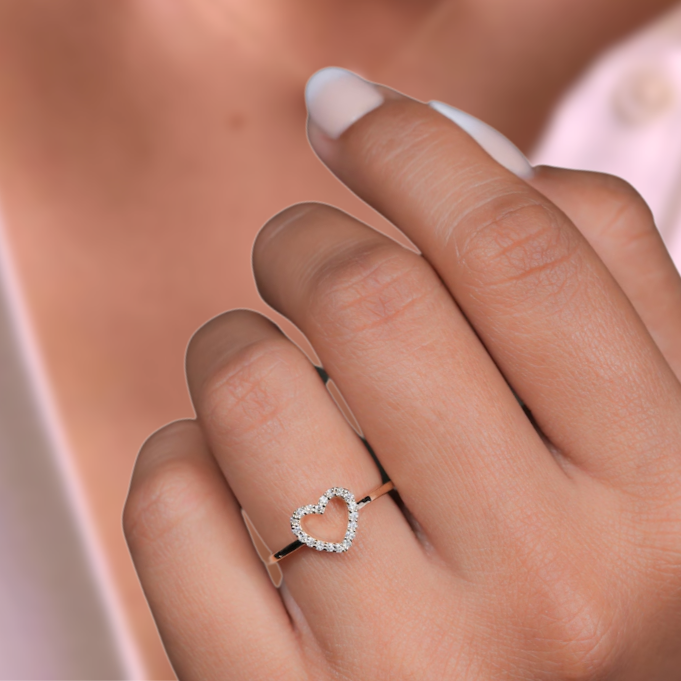 14K Tiny Diamond Love, Pave Lab Diamond Open Heart Ring