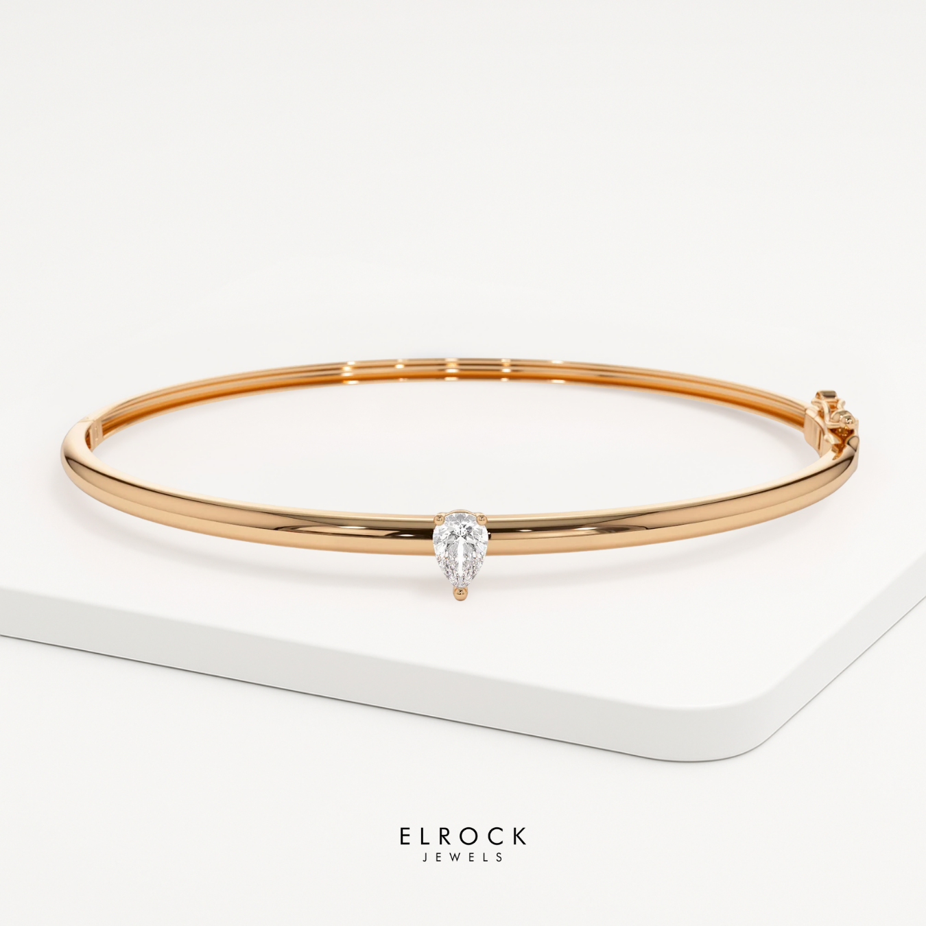 14K Gold Minimalist Bracelet, Pear Shape Solitaire Bangle