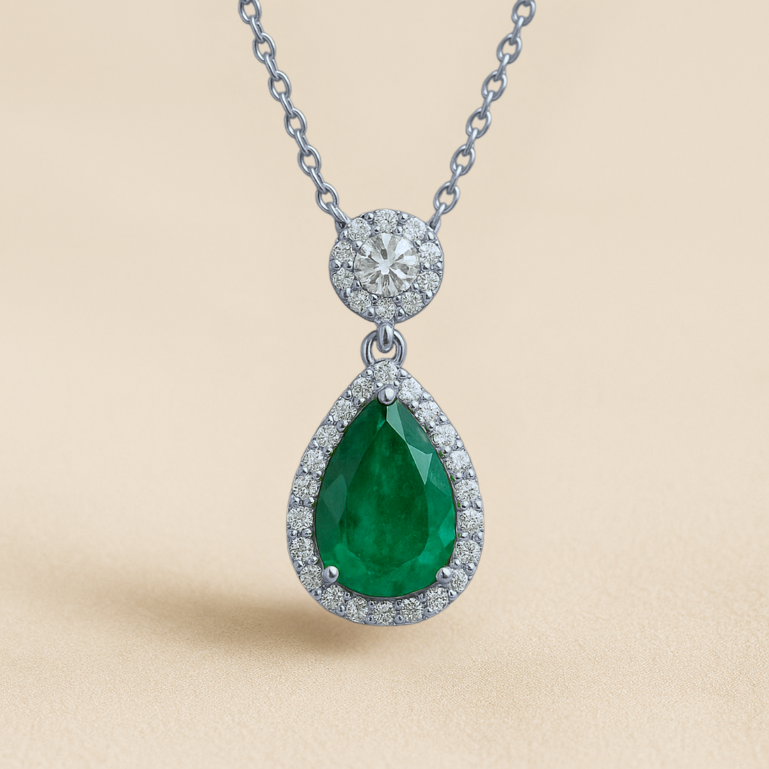 2.00ct Pear Cut Emerald and Round Lab Grown Diamond Halo Setting Necklace