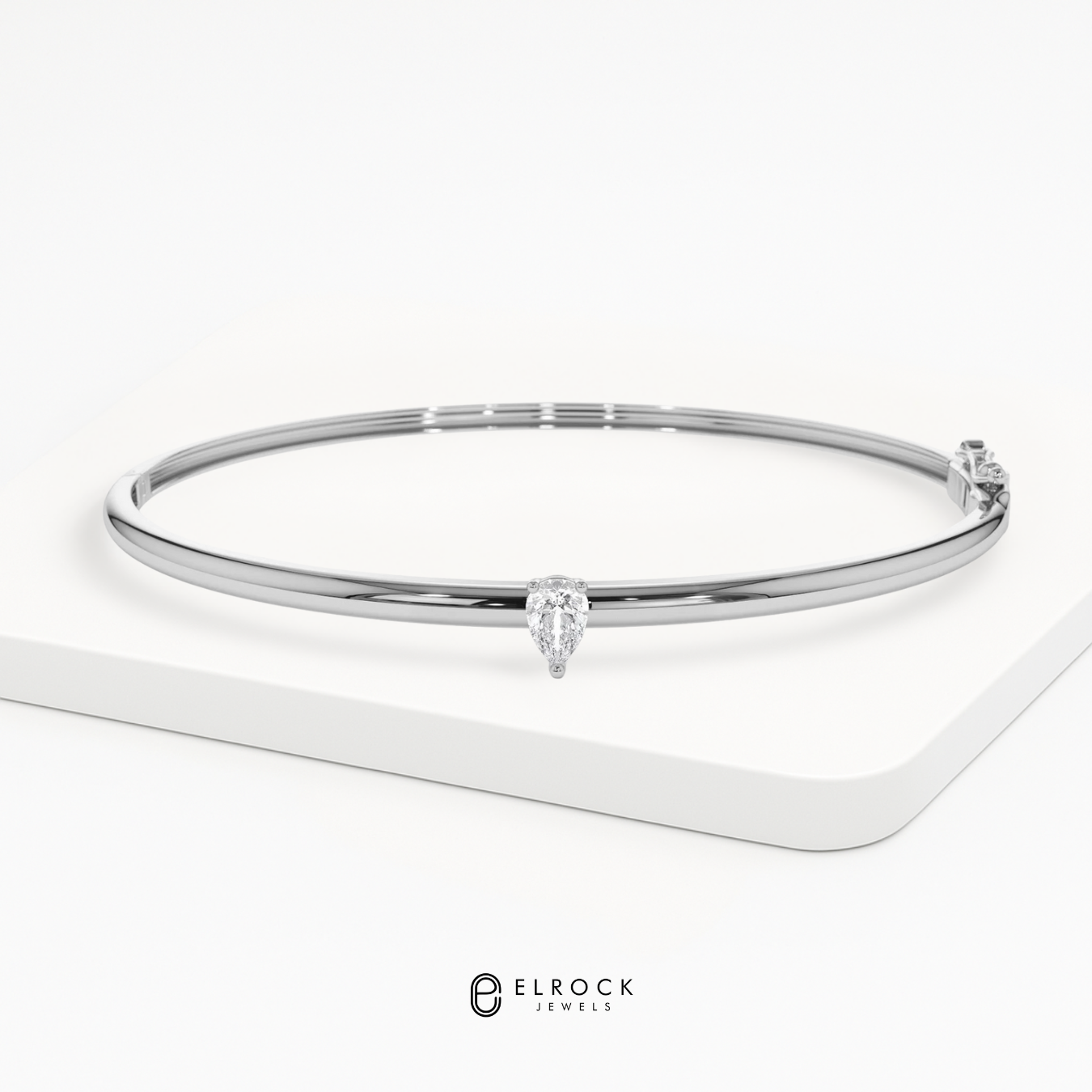 14K Gold Minimalist Bracelet, Pear Shape Solitaire Bangle