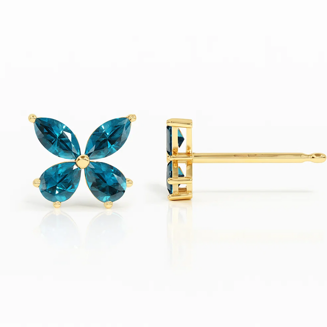 14K Gold London Blue Topaz Butterfly Earrings, 1.75 CT Marquise & Pear Shape Dainty Birthstone Earrings