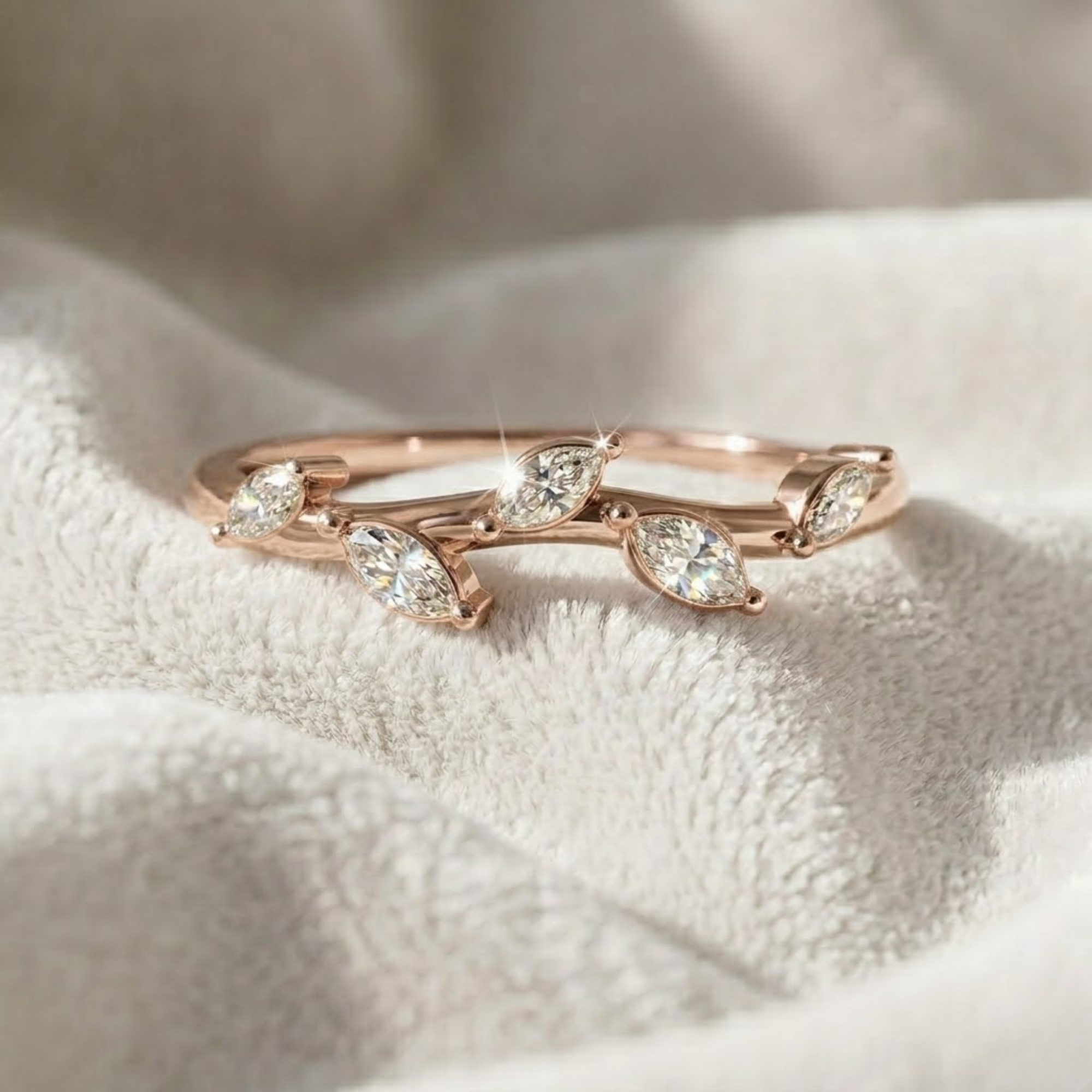 14K Gold Marquies Cut Lab Grown Diamond Leaf Wedding Ring