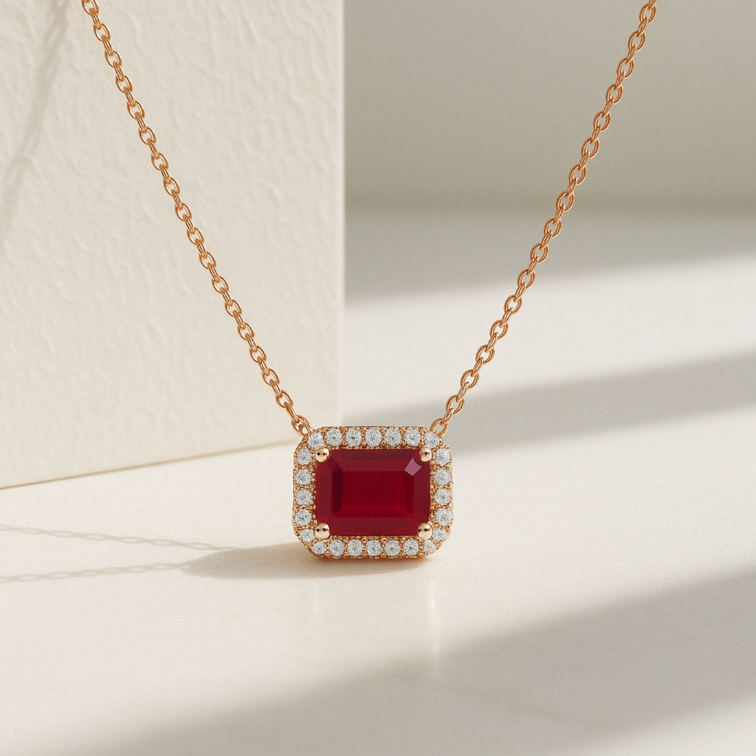 1.15 CT 14K Gold Diamond and Ruby Necklace | Emerald Cut Ruby and Lab Grown Diamonds