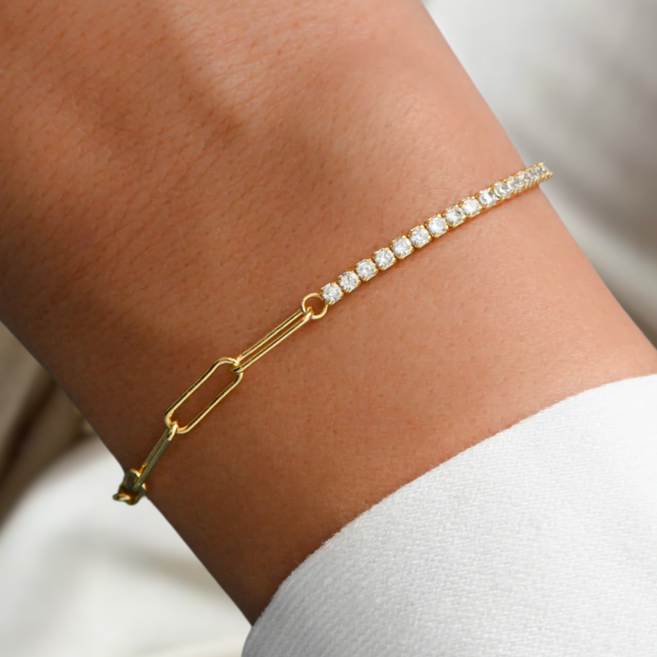 14K Gold Half Tennis Half Paperclip Diamond Stackable Bracelet