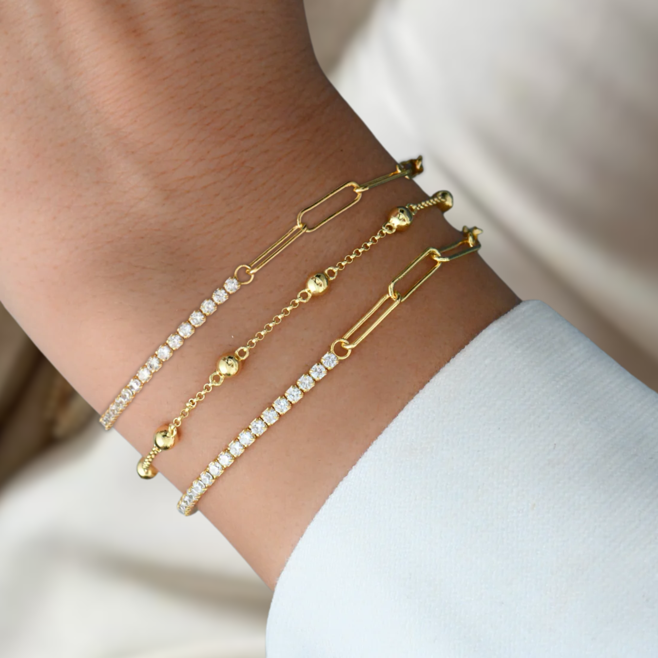 14K Gold Half Tennis Half Paperclip Diamond Stackable Bracelet