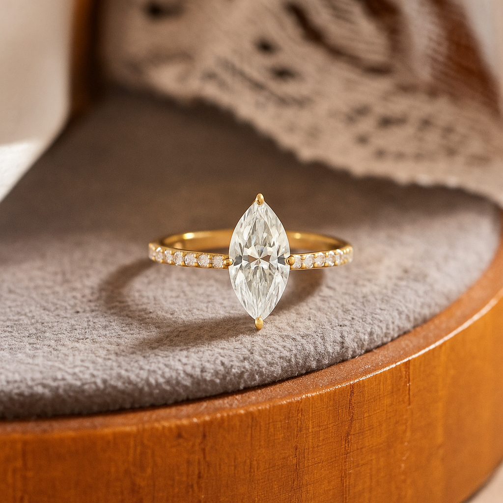 14K Gold Marquise Brilliant IGI Certified Lab Grown Diamond Engagement Ring.