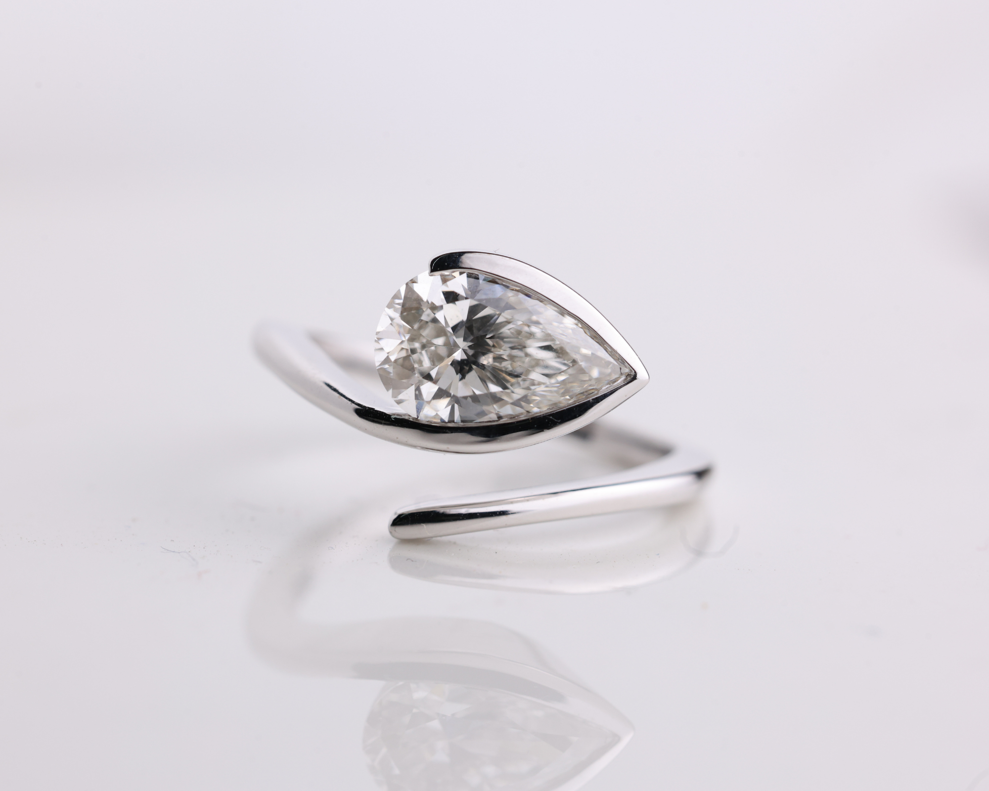 2 Carat East West Pear Cut Lab Grown Diamond Half Bezel set Engagement Ring