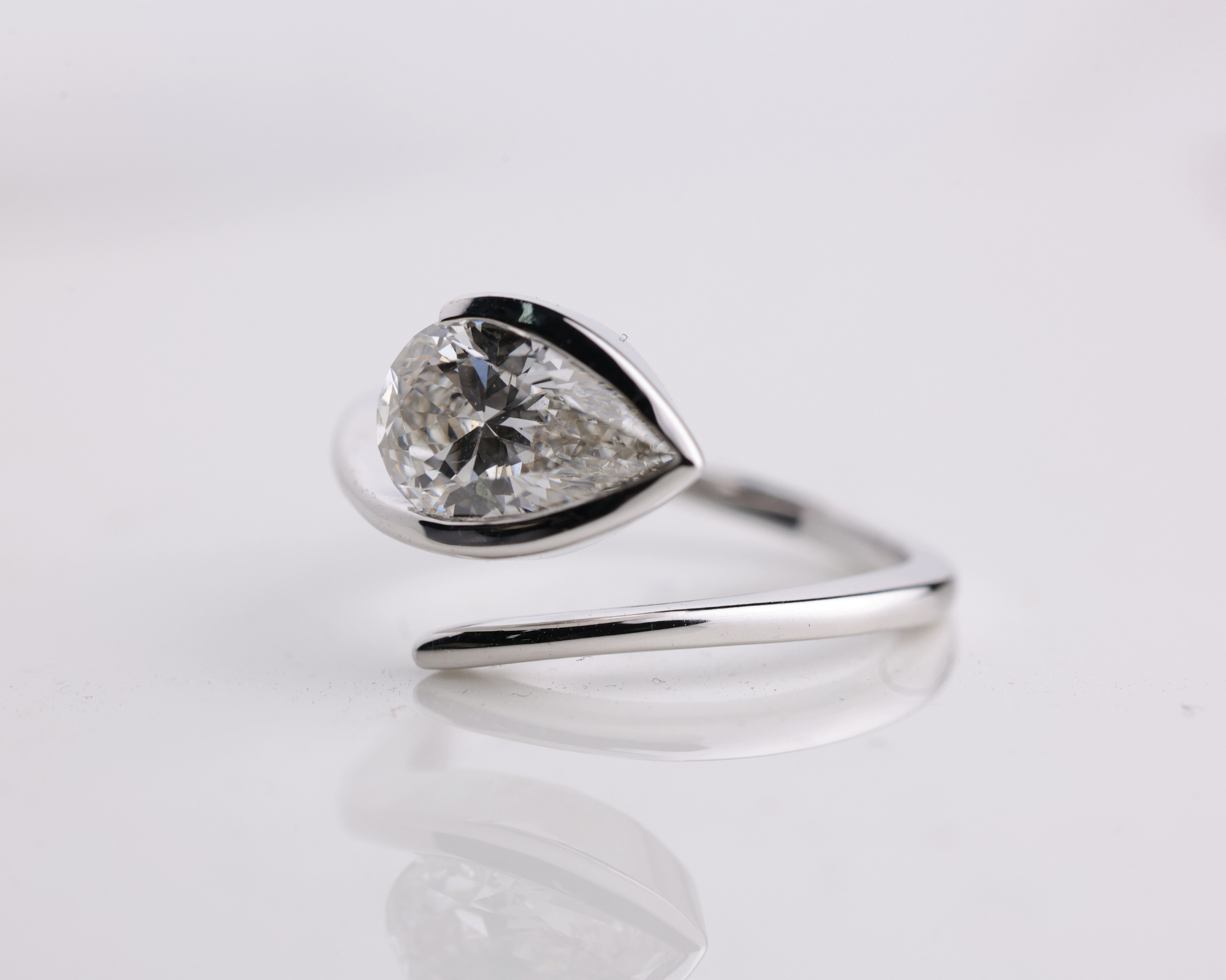 2 Carat East West Pear Cut Lab Grown Diamond Half Bezel set Engagement Ring