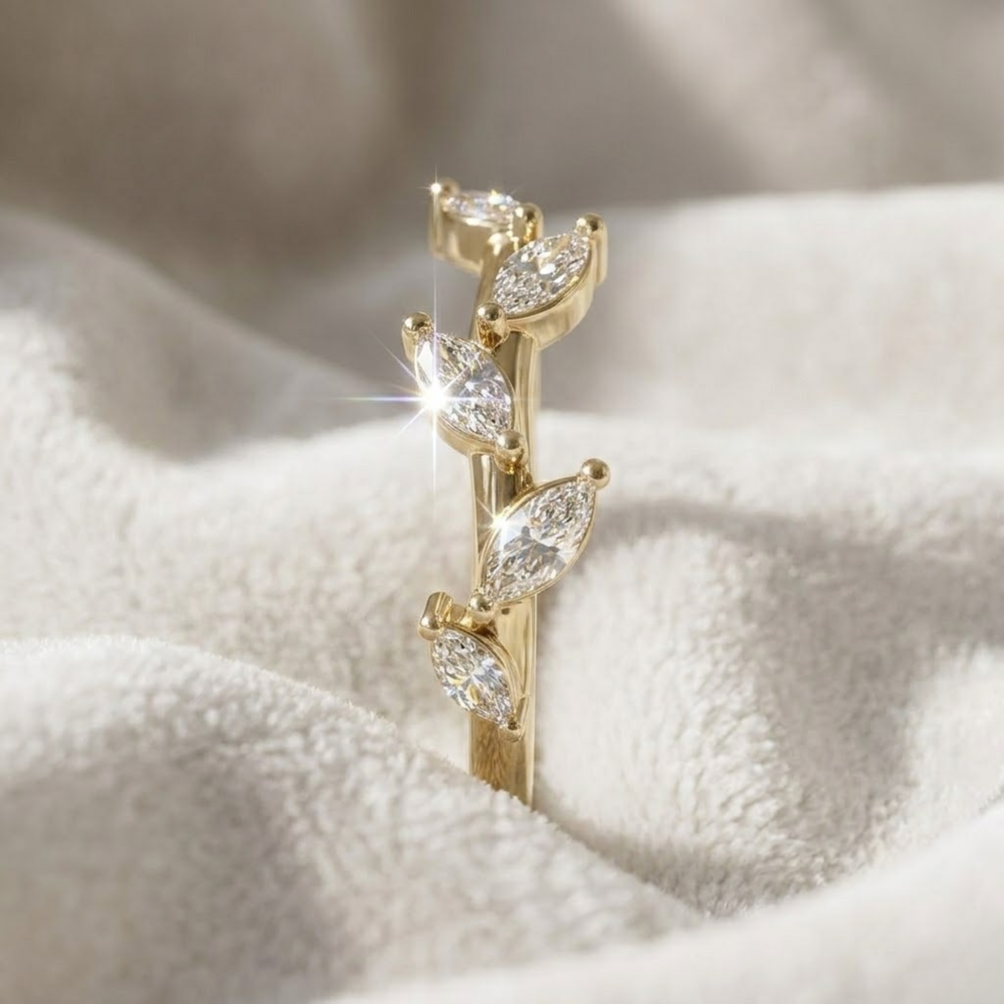 14K Gold Marquies Cut Lab Grown Diamond Leaf Wedding Ring