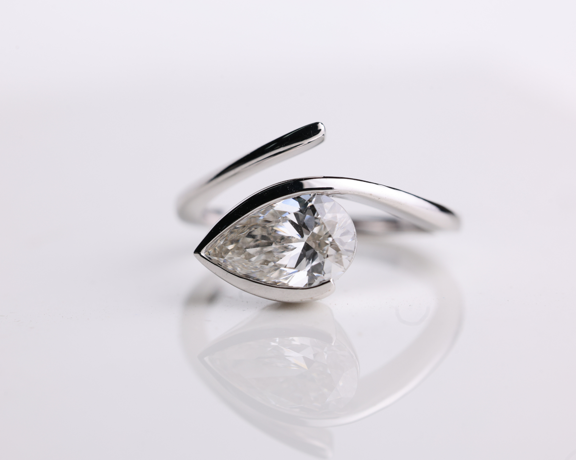 2 Carat East West Pear Cut Lab Grown Diamond Half Bezel set Engagement Ring