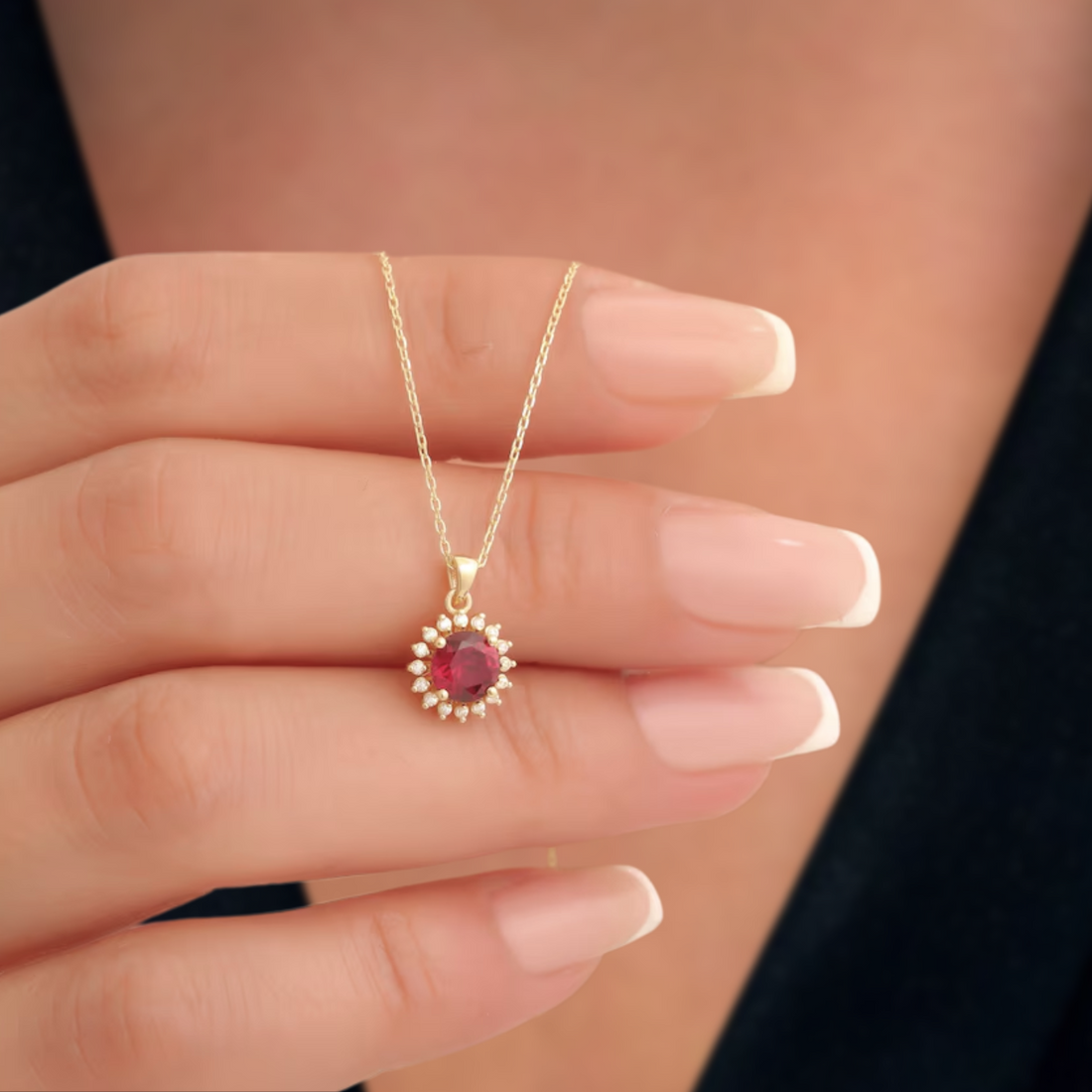 1.00 Carat 14K Gold Round Cut Ruby Necklace with Round Diamond for Woman