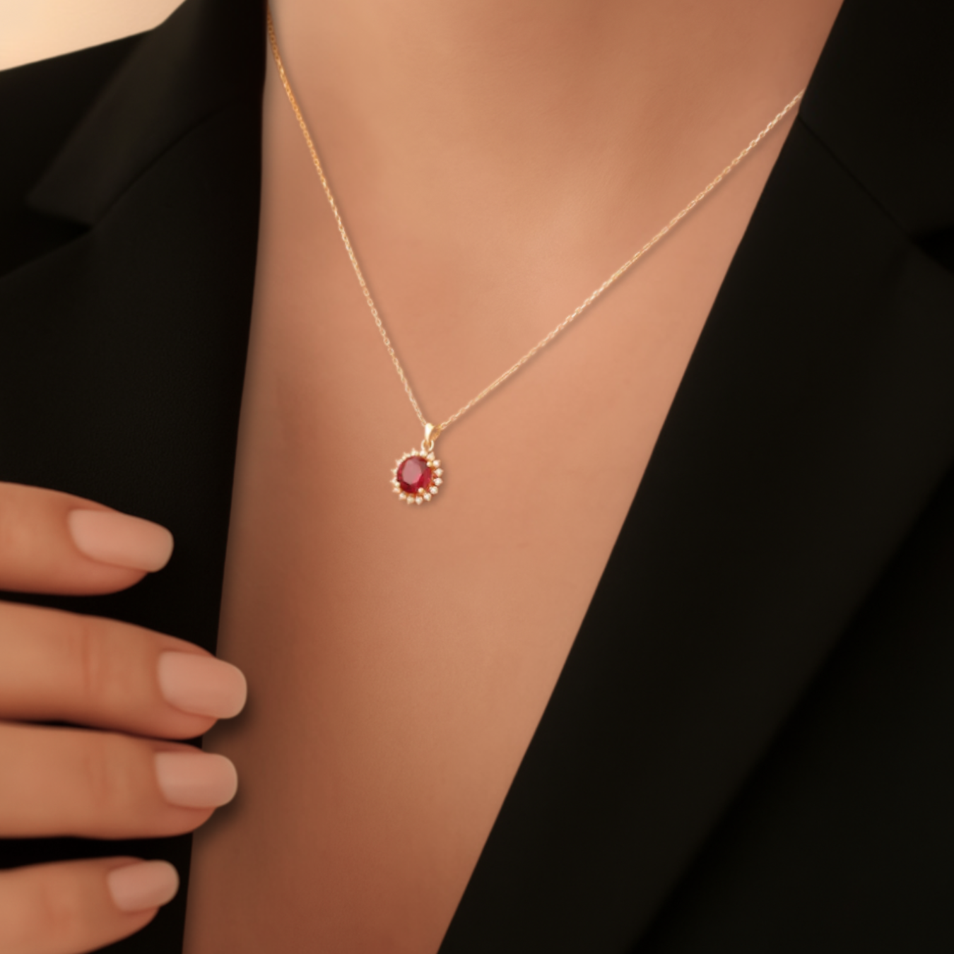 14K Gold Round Cut Ruby Necklace 1.00 Carat with Round Diamond for Woman