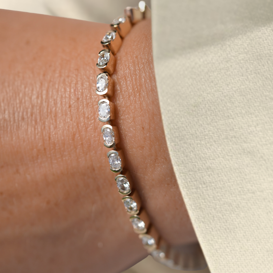 14K Oval Cut Lab Grown Diamond Tennis Bracelet, Bezel Set Diamond Bridal Bracelet