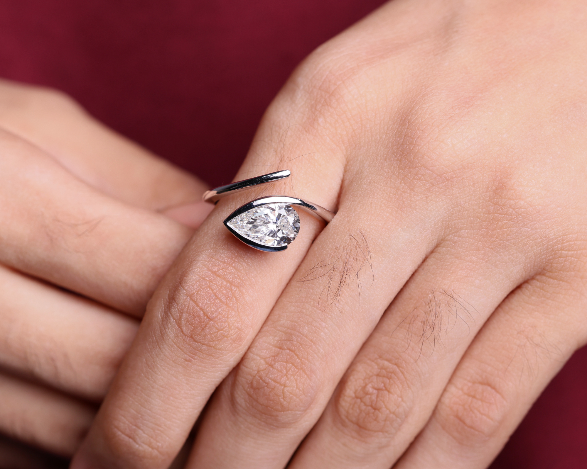 2 Carat East West Pear Cut Lab Grown Diamond Half Bezel set Engagement Ring
