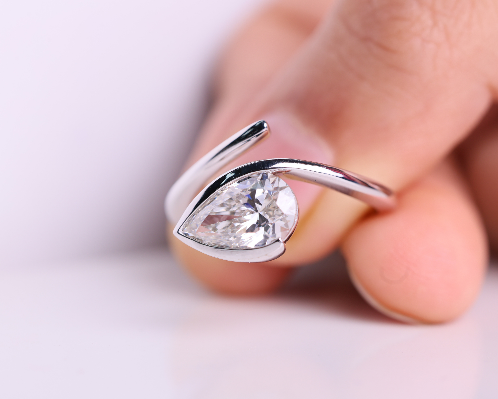 2 Carat East West Pear Cut Lab Grown Diamond Half Bezel set Engagement Ring