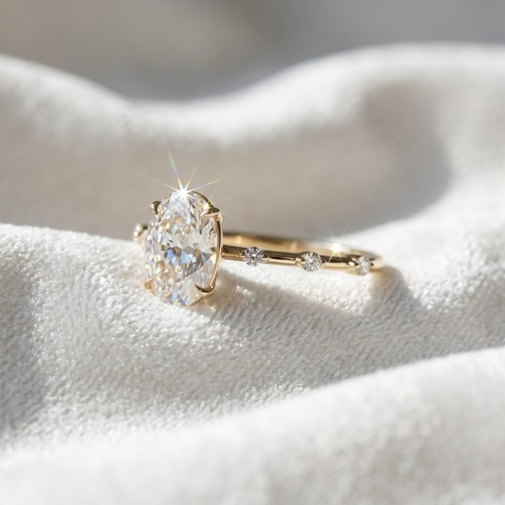 14K Gold 2 CT Oval Diamond Thin Elongated Oval Diamond Ring