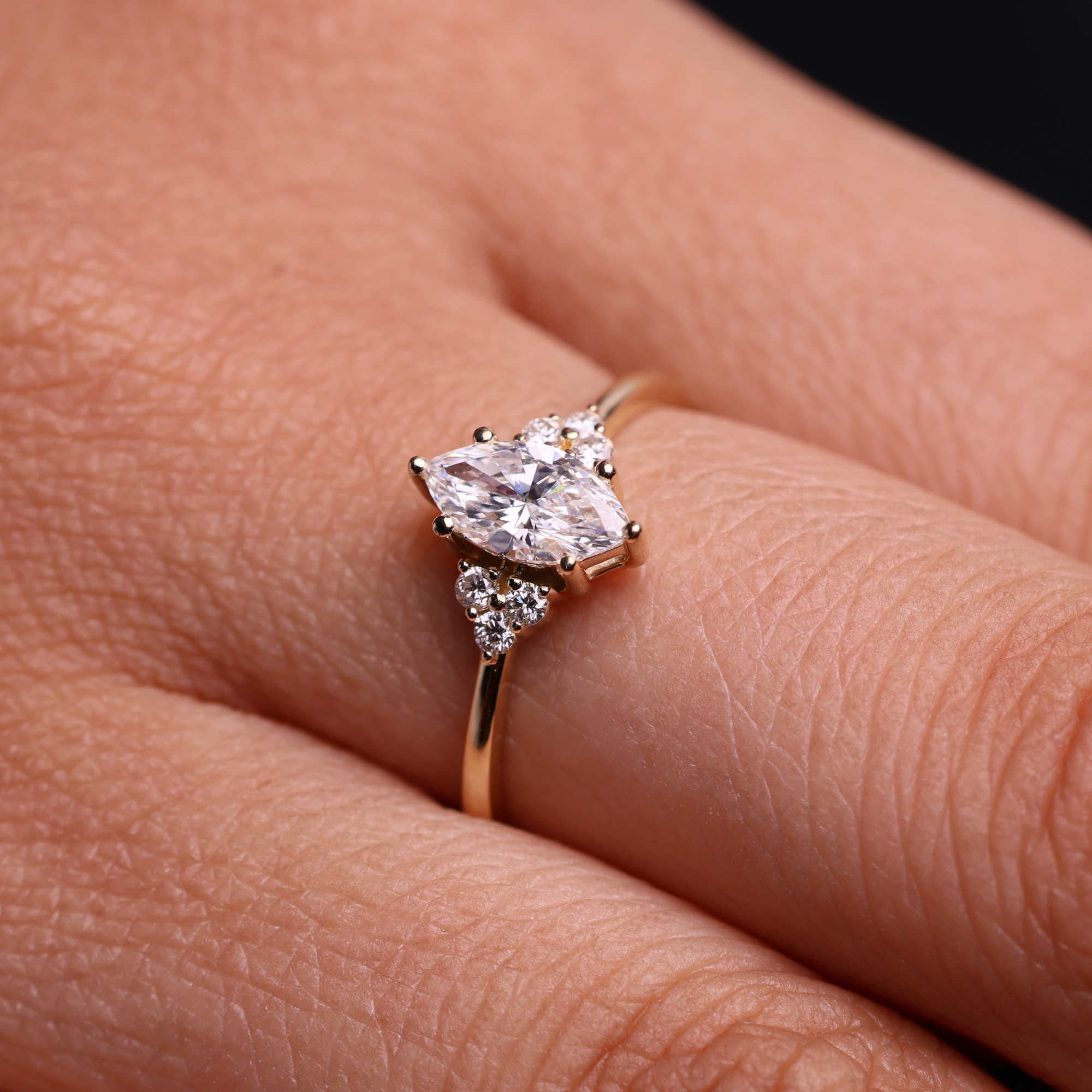 14K Marquise & Round Cut Lab Grown Diamond Solid Gold Engagement Ring